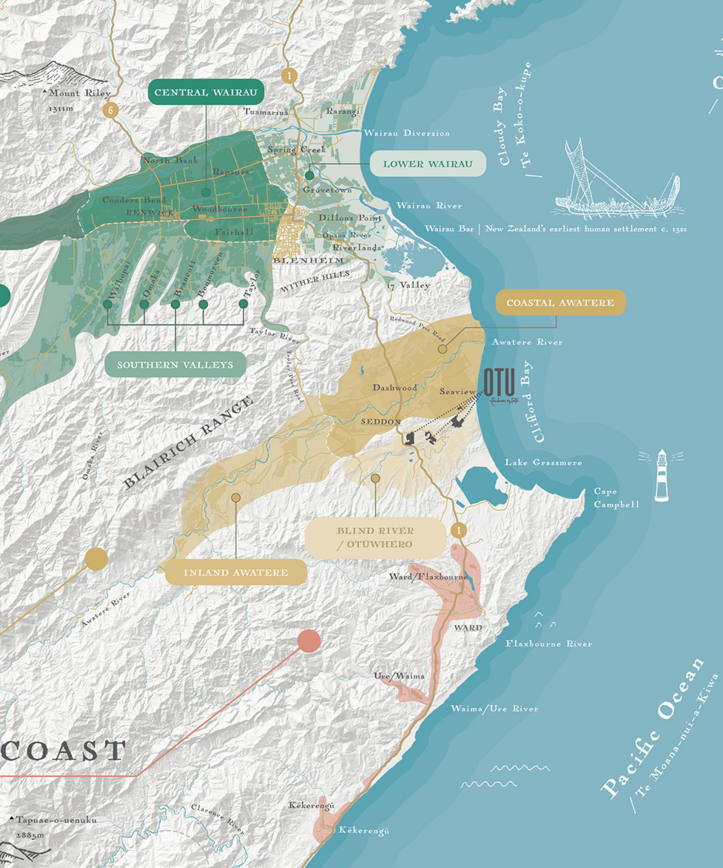 Map of coast of New Zealand showing regions such as Central Wairau, Lower Wairau, Southern Valleys, and Coastal Aware, with rivers including the Wairau River, Awatere River, and Waimā/Ure River, and landmarks like Mount Riley and Cape Campbell. The map also features ocean area and various settlement locations.