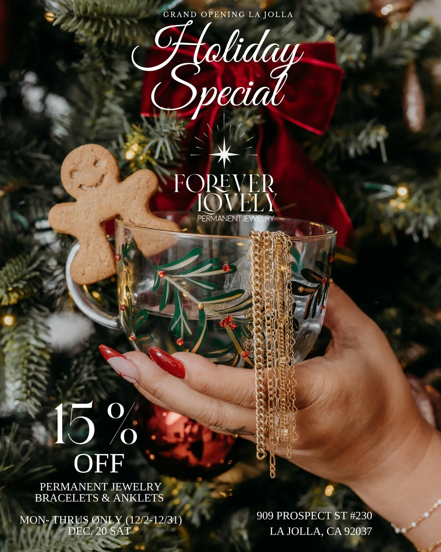 ✨ Holiday Special &bull;  La Jolla ✨
Forever Lovely Permanent Jewelry is officially opening our new La Jolla studio &mdash; just in time for the holidays! 🎄❤️

To celebrate, enjoy 15% OFF permanent jewelry bracelets &amp; anklets all month long!
✨ M