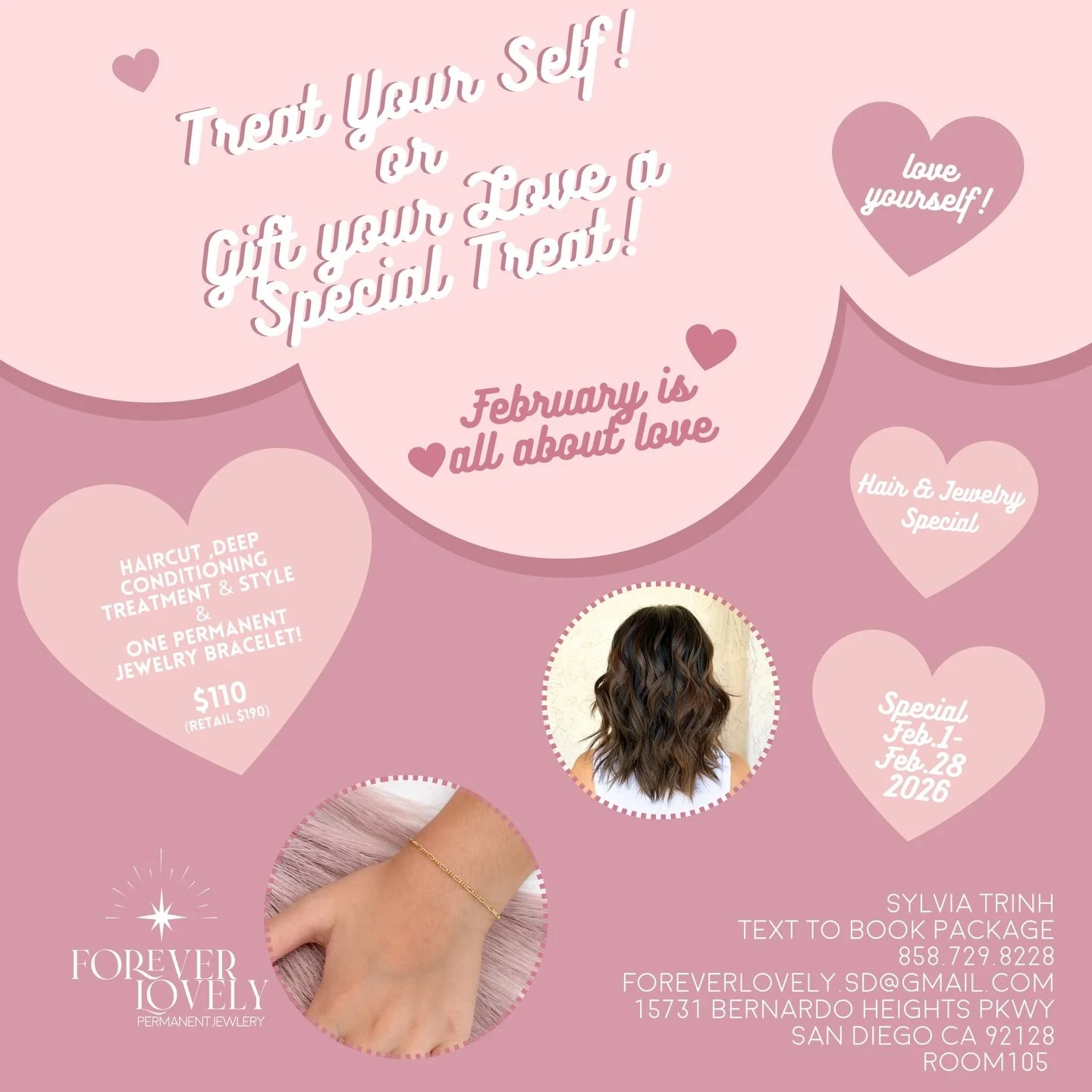 Roses are red 🌹
Self-care is cute 💕
February is the month of love &mdash;
treat a loved one or yourself to the ultimate glow-up ✨

❤️Deep Conditioning Treatment, Haircut &amp; Style, One Permanent Jewelry Bracelet
✨ONLY $110 (a $190 value)

Promo F
