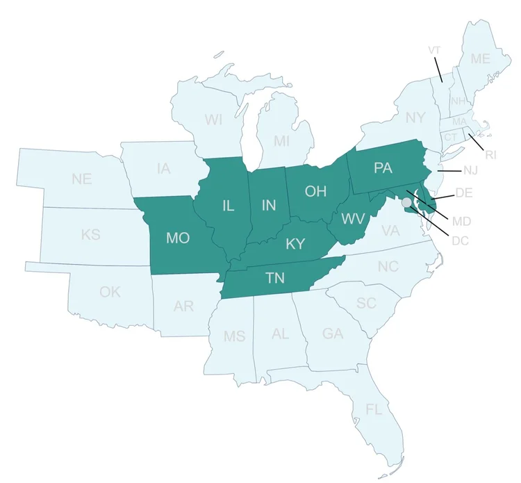 Map of the VectorED Network service region — Mid-Atlantic and Ohio River Valley