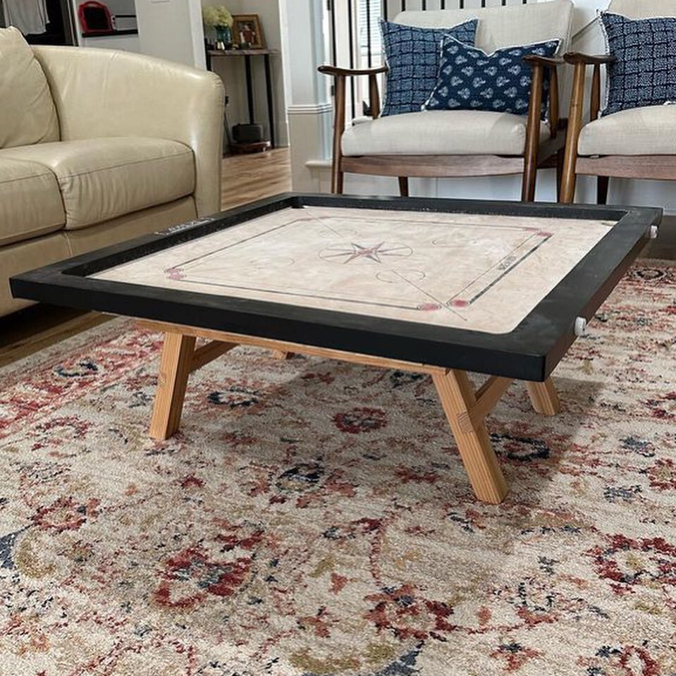 Need a game table that is easy to set up and stores flat? This game table was specifically made for Carrom. Handmade, stable, perfect for family game night and stores away easily! #woodworker #gametable #customtable #familygamenight #woodfurniture #c