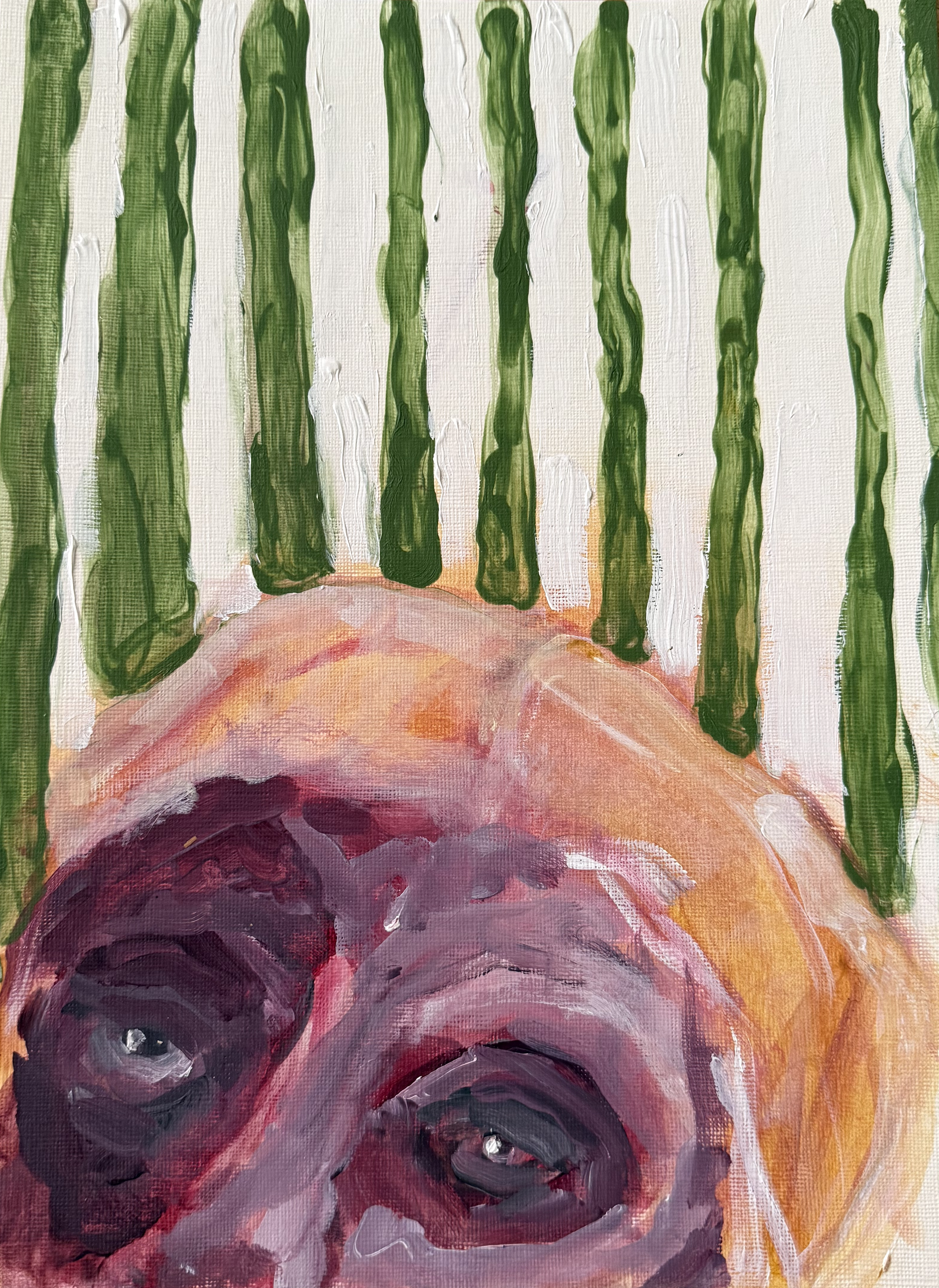 Self-Portrait on Green Stripe, acrylic on canvas paper.