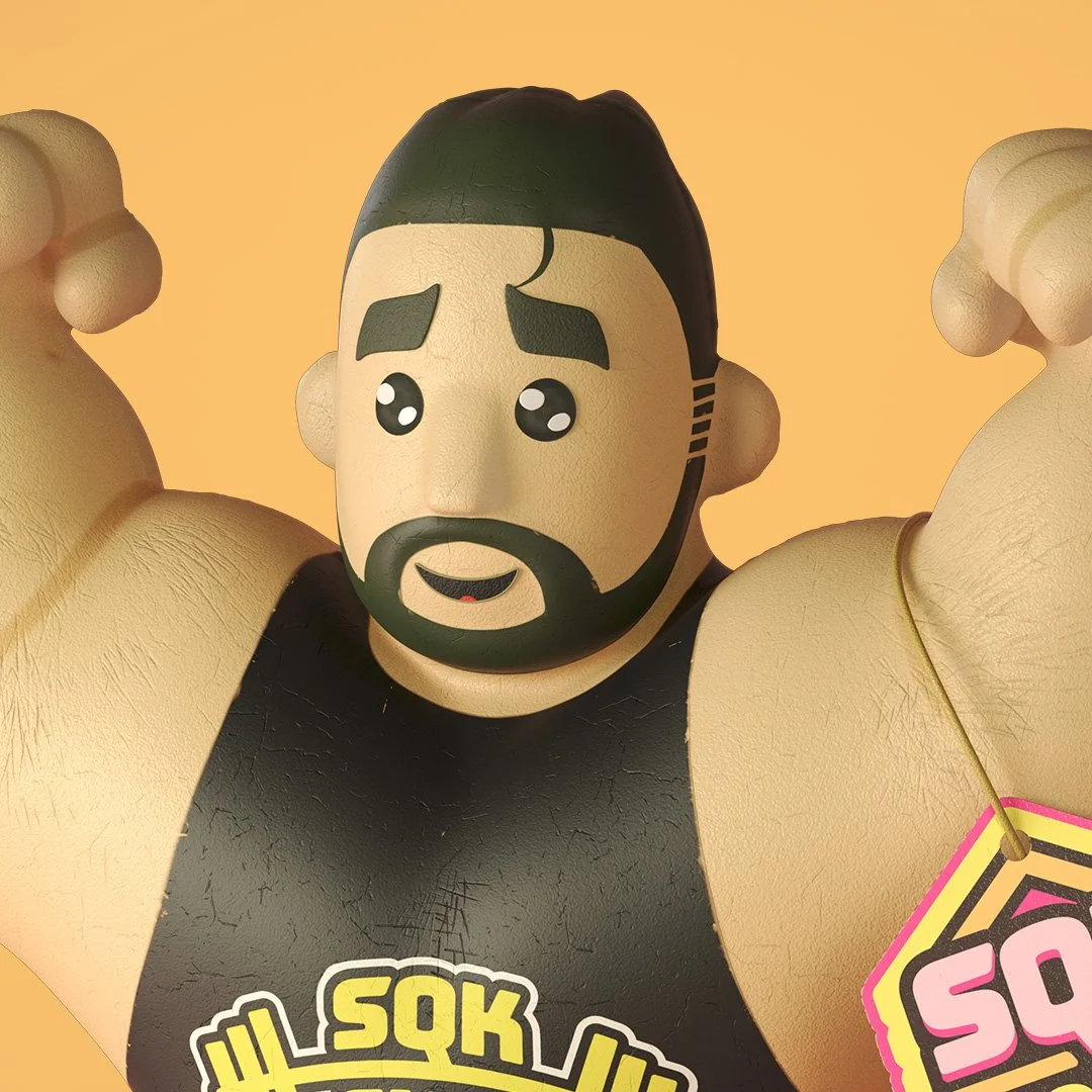 a toy muscle-man character posing with a barbell weight above his head on a yellow background