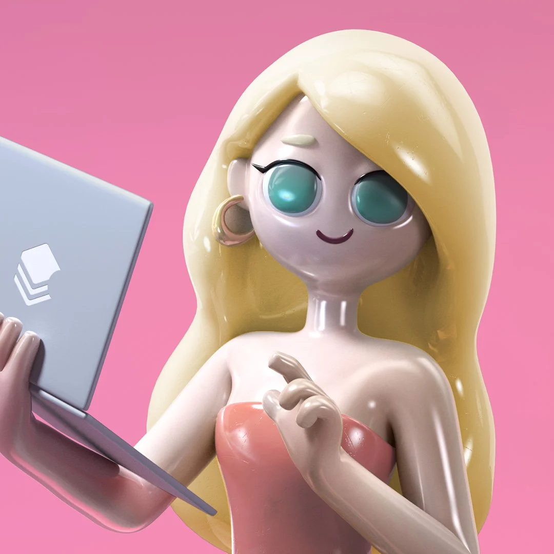 a porcelain mermaid with blonde hair and a green tail siting on a large licorice allsort cube on a pink background. She is holding a silver laptop.
