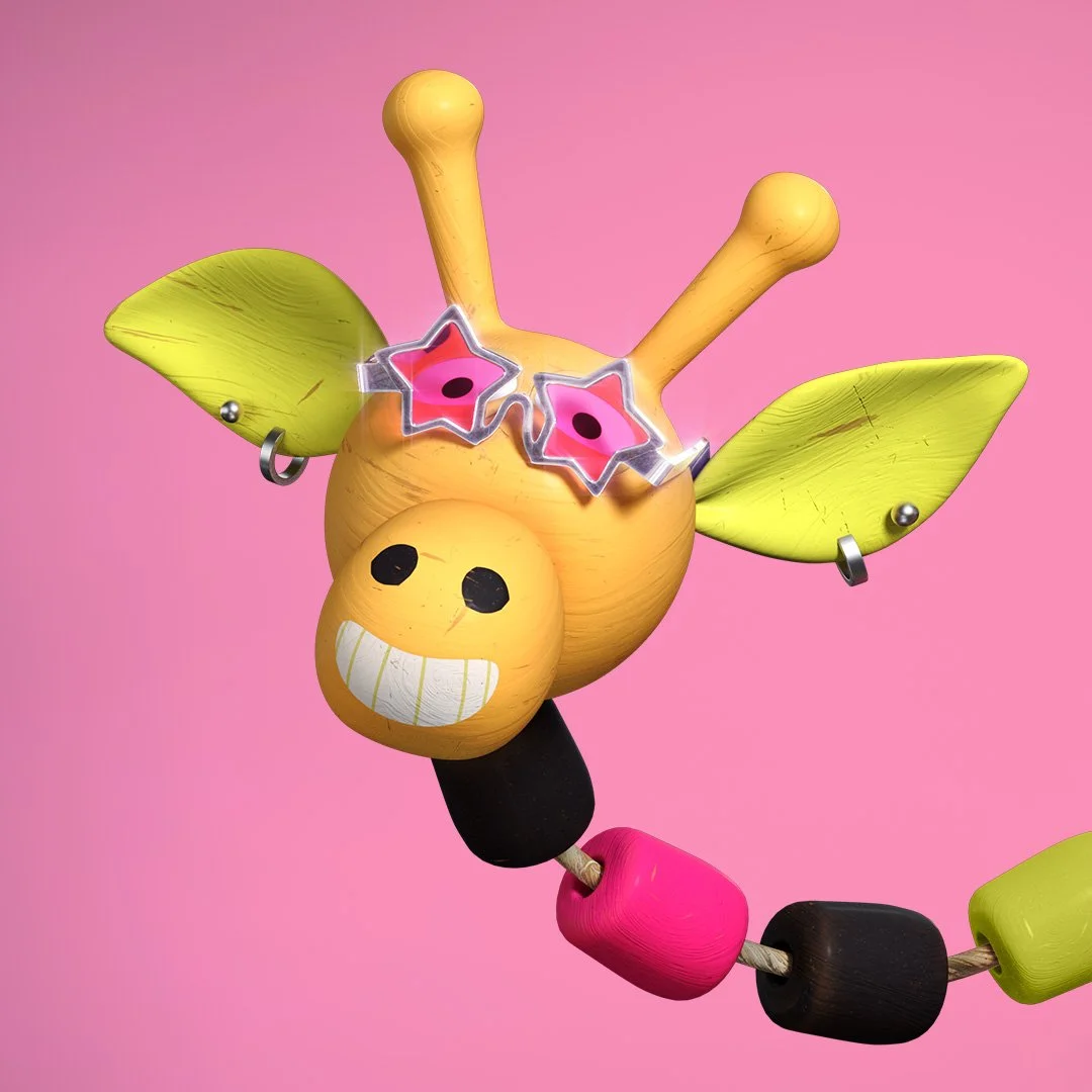 a wooden toy giraffe posing with legs akimbo on a pink background
