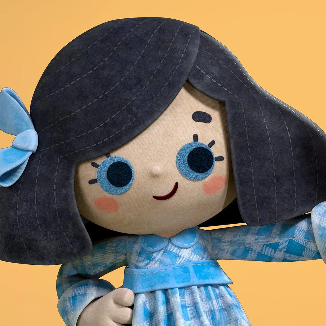 a doll character with black hair dressed in a blue gingham dress standing on a yellow background. She is leaning against a stack of pink letters that spell SQK