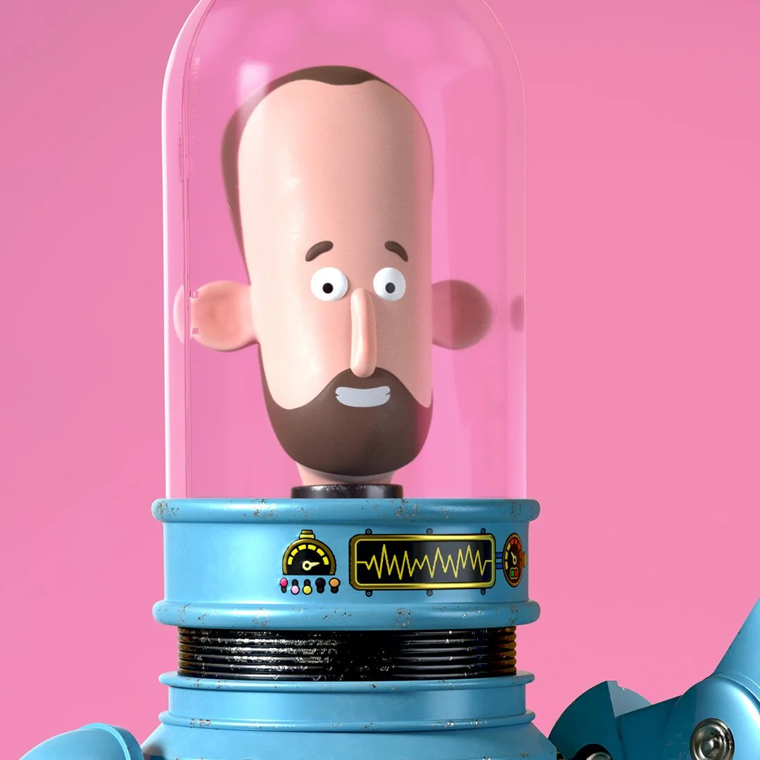 A blue toy robot character on an orange background holding up a wooden block with the letter 's' on it