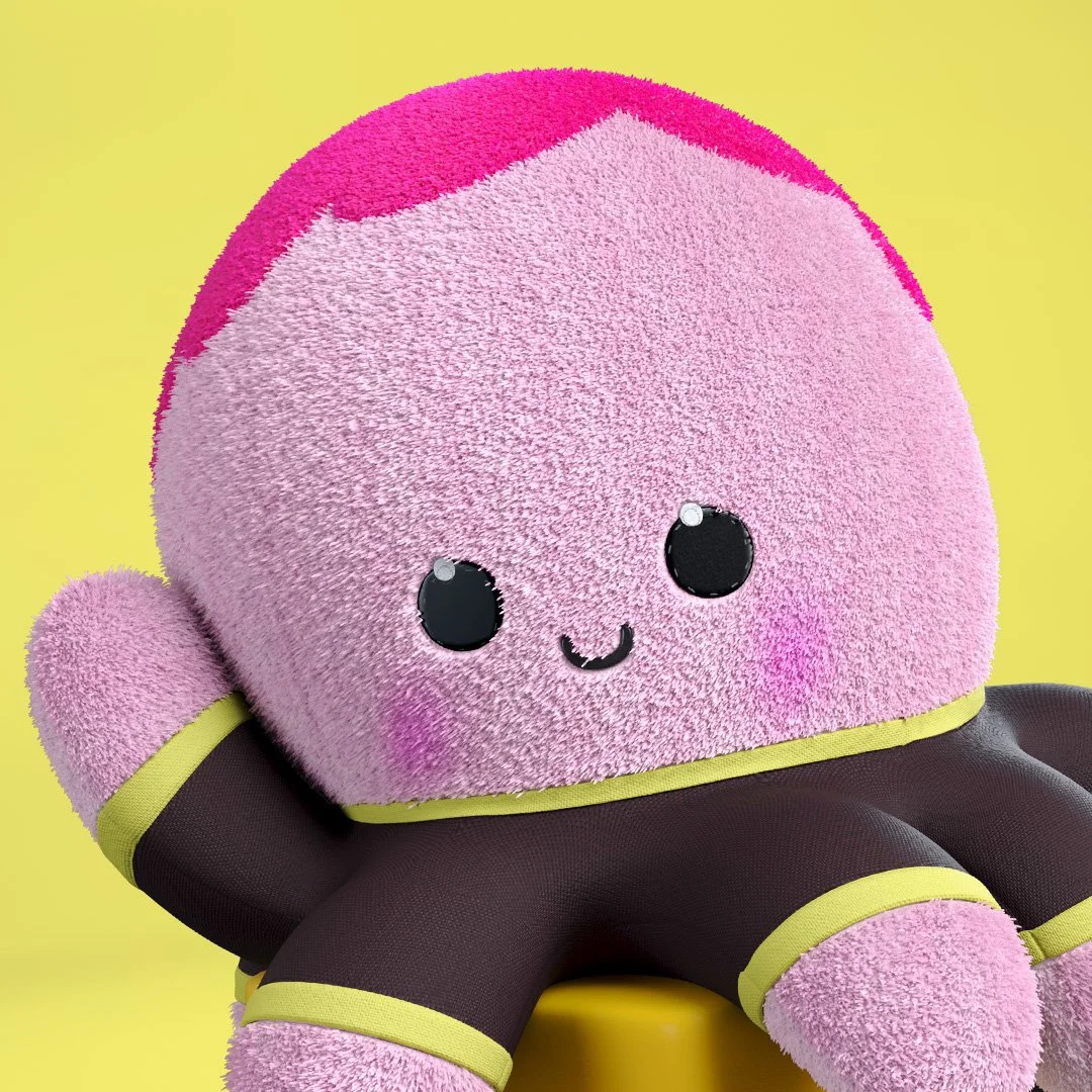 a plush pink octopus character with hot pink hair and a brown scuba suit sits on a licorice cube on an orange background