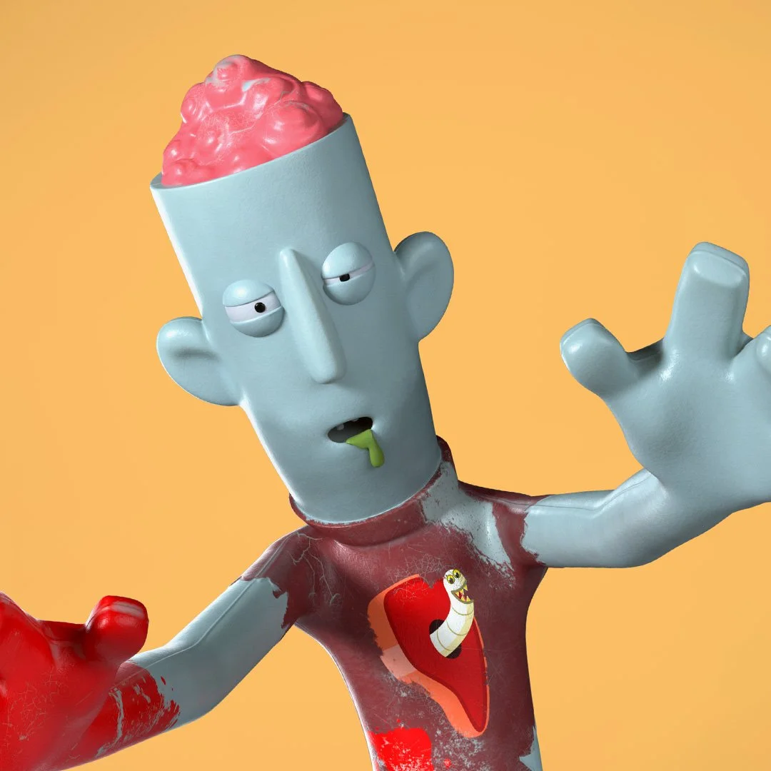 A blue zombie character on a yellow background holding a pink letter 'q'