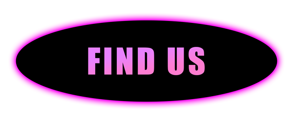 Pink and black sign with the text 'FIND US' inside an oval.