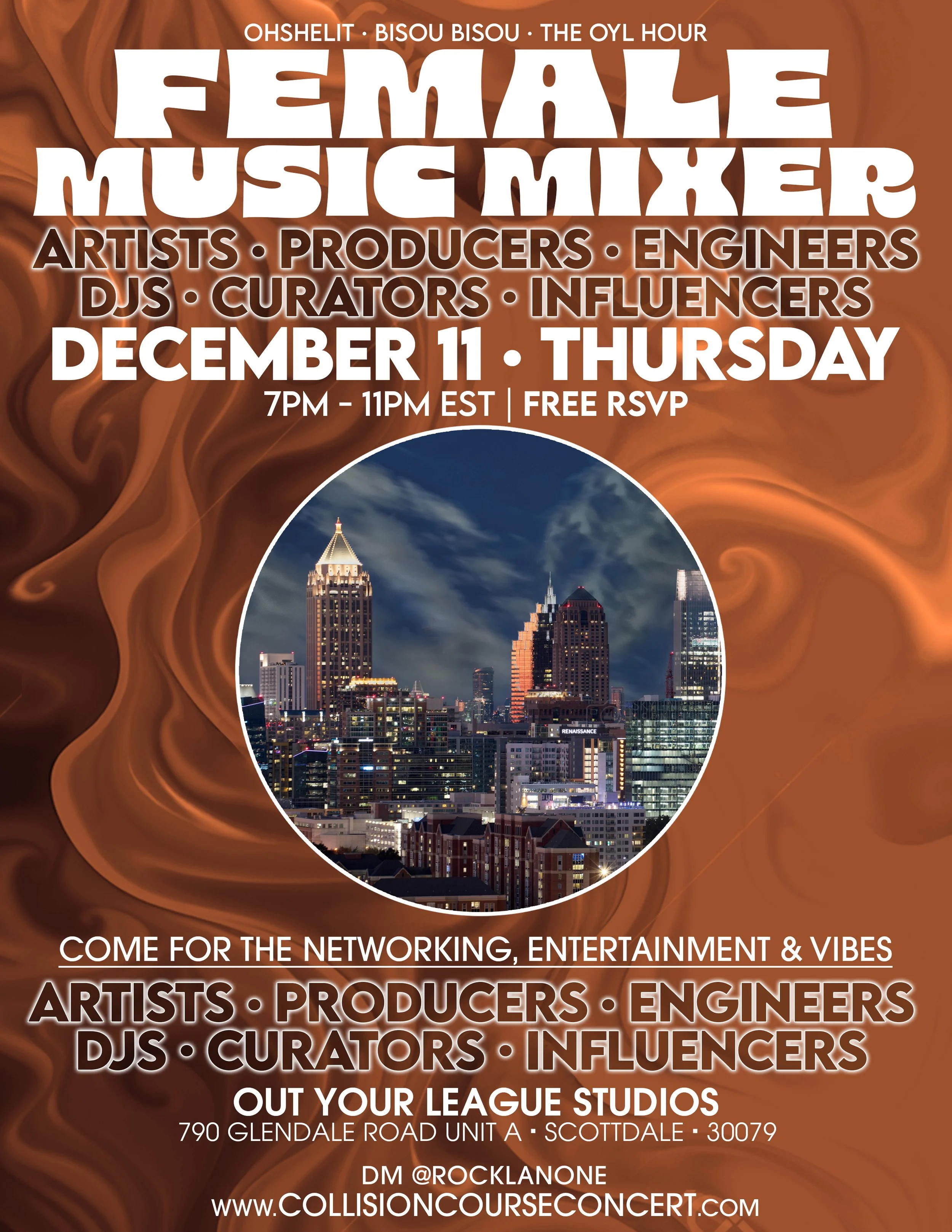 Flyer for Female Music Mixer event with city skyline image, event details, date, time, location, and hosts.