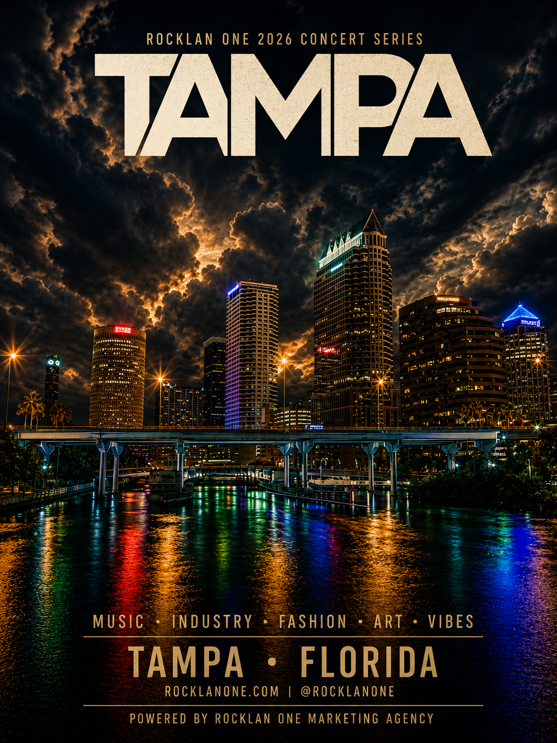 Nighttime city skyline of Tampa, Florida with illuminated skyscrapers reflected in the water, under a cloudy sky, advertising the Tampa Collision Course Concert Series.