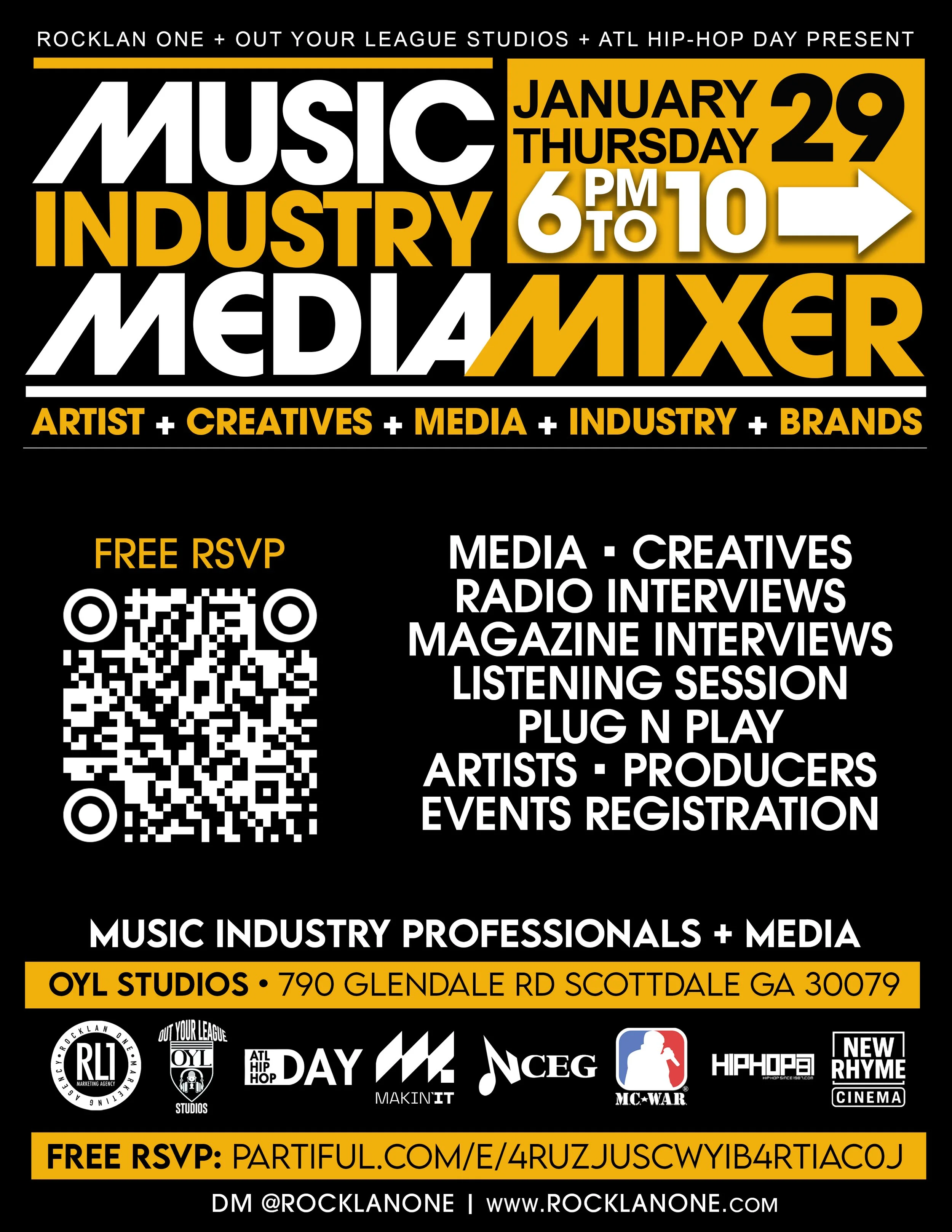 Event poster for a music industry and media mixer on January 29th, 6 to 10 PM at OYL Studios, Glendale, Georgia. Features QR code for RSVP and logos of associated brands.