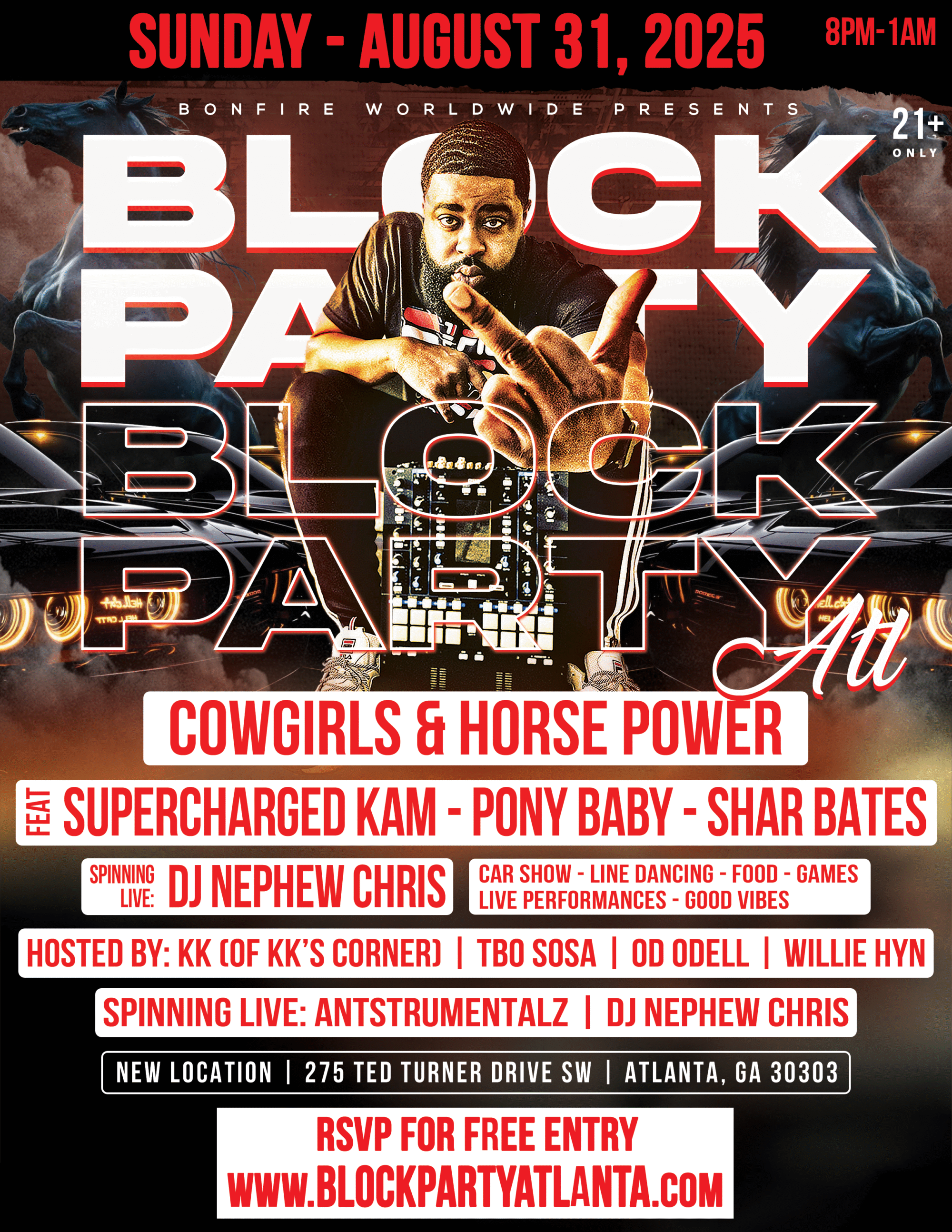 Event poster for 'Black Party' featuring a DJ with a beard and short hair, making a gesture with his middle finger and wearing headphones, set against a red-orange background with bold text details about the event, including date July 27, 2025, location in Atlanta, Georgia, live performances, and event hosts.