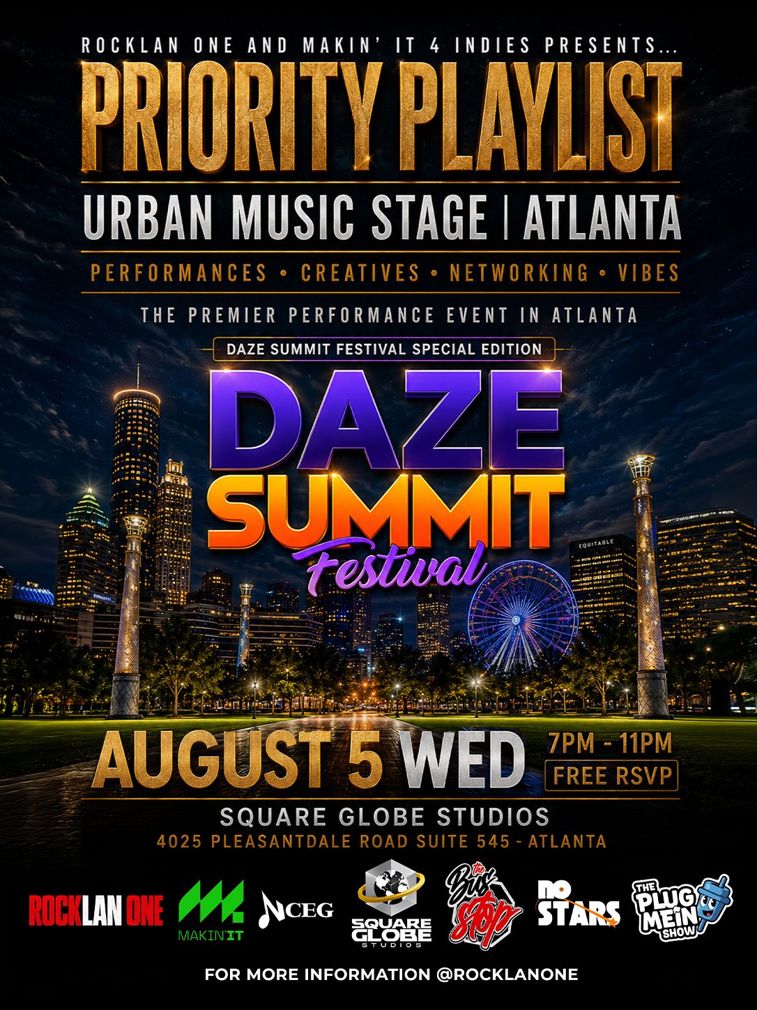Nighttime cityscape of Atlanta, Georgia with illuminated skyscrapers, a Ferris wheel, and festive lights. Overlaid text promotes a performance event called 'Priority Playlist' at Square Globe Studios on August 5, Wednesday, from 7 PM to 11 PM with free RSVP, highlighting music, performances, creatives, networking, and vibes. Additional logos and social media handle '@rocklanon' are at the bottom.