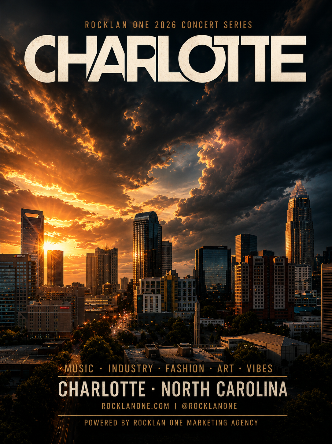 Promotional poster for a Charlotte, North Carolina concert series featuring music, industry, fashion, art, and vibes. The poster showcases a city skyline at sunset with clouds. Text includes event details and website.