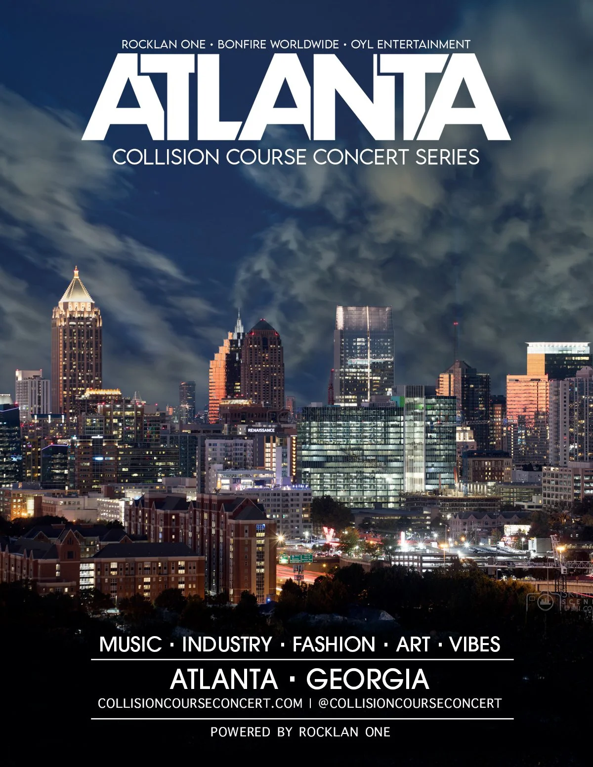Atlanta city skyline at night with illuminated buildings and dark cloudy sky, promotional poster for the 'Atlanta Collision Course Concert Series' featuring music, industry, fashion, art, and vibes.