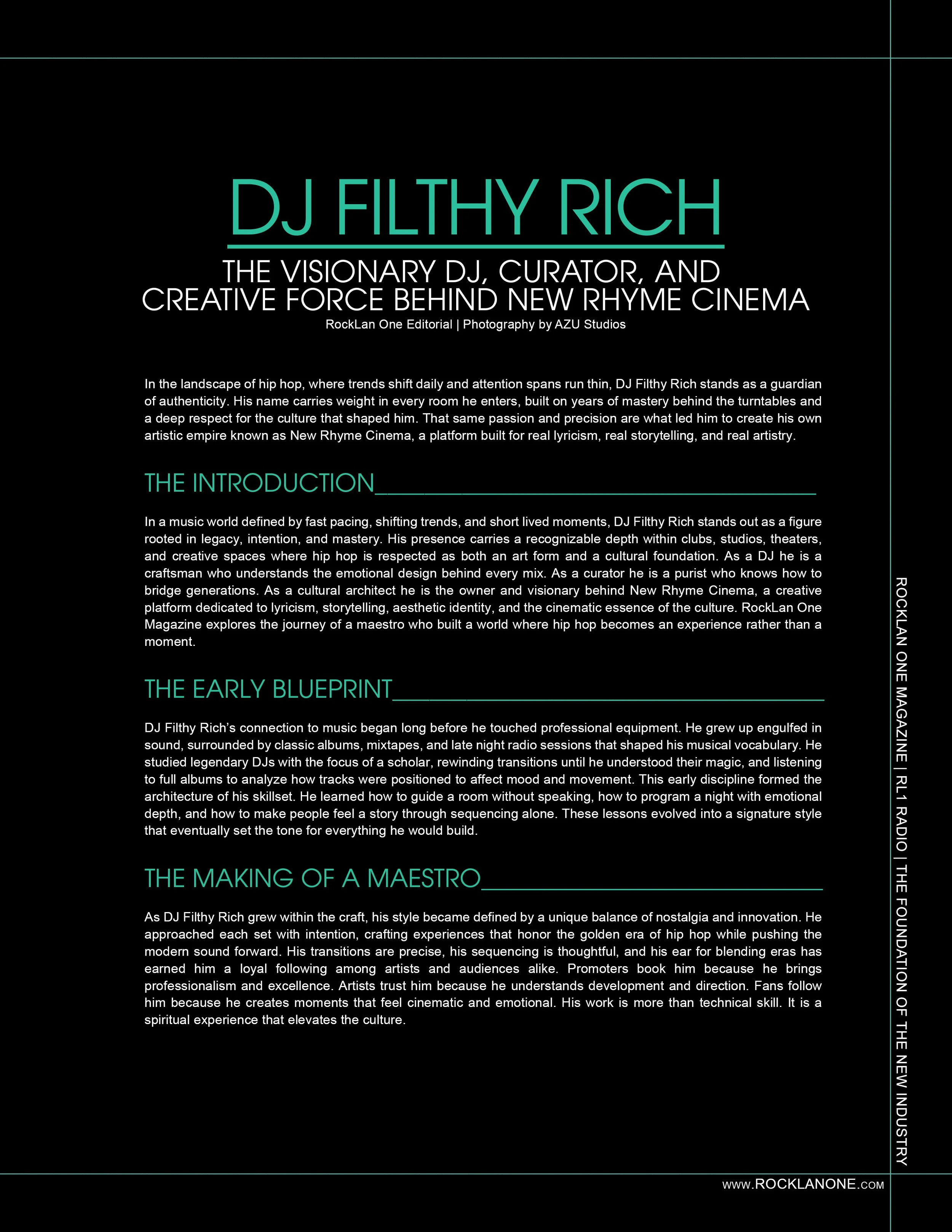 An article featuring DJ Filthy Rich discussing his influence on New Rhyme Cinema, his early career, and artistic philosophy, presented on a black background with teal and white text.