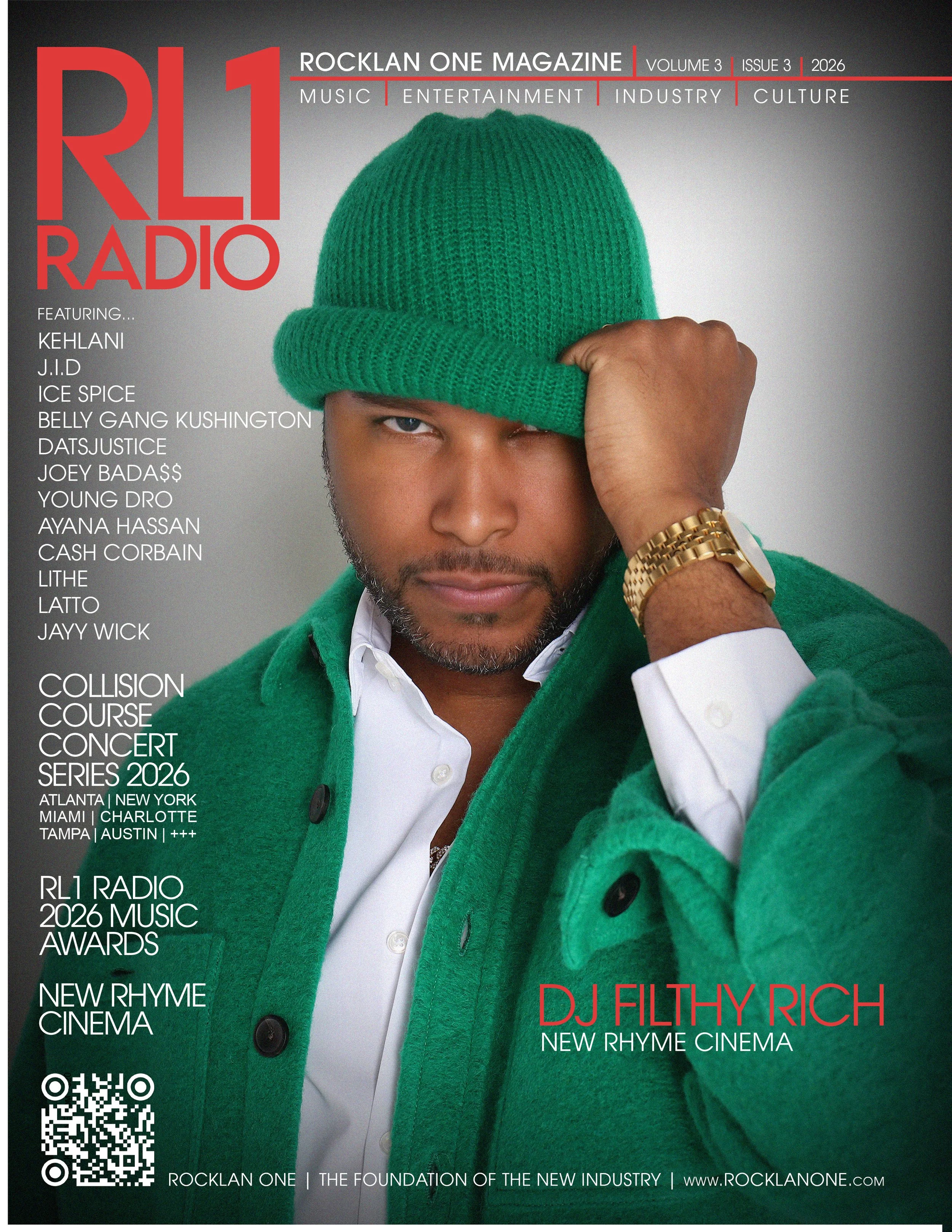 Magazine cover featuring DJ Filthy Rich wearing a green knit beanie and matching green jacket, with a white shirt underneath. The cover includes headlines about music, entertainment, industry, culture, and a QR code.