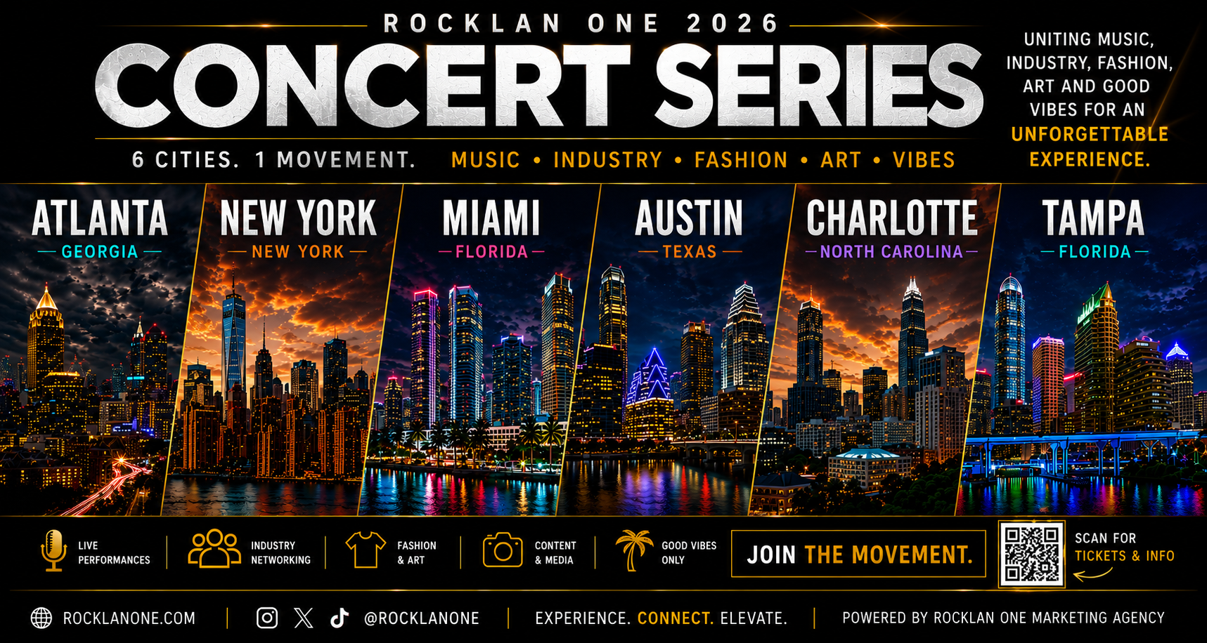 Promotional poster for Rocklan One 2026 concert series featuring cityscapes of Atlanta, New York, Miami, Austin, Charlotte, and Tampa at dusk, with event details about music, industry, fashion, art, and vibes in bold text.