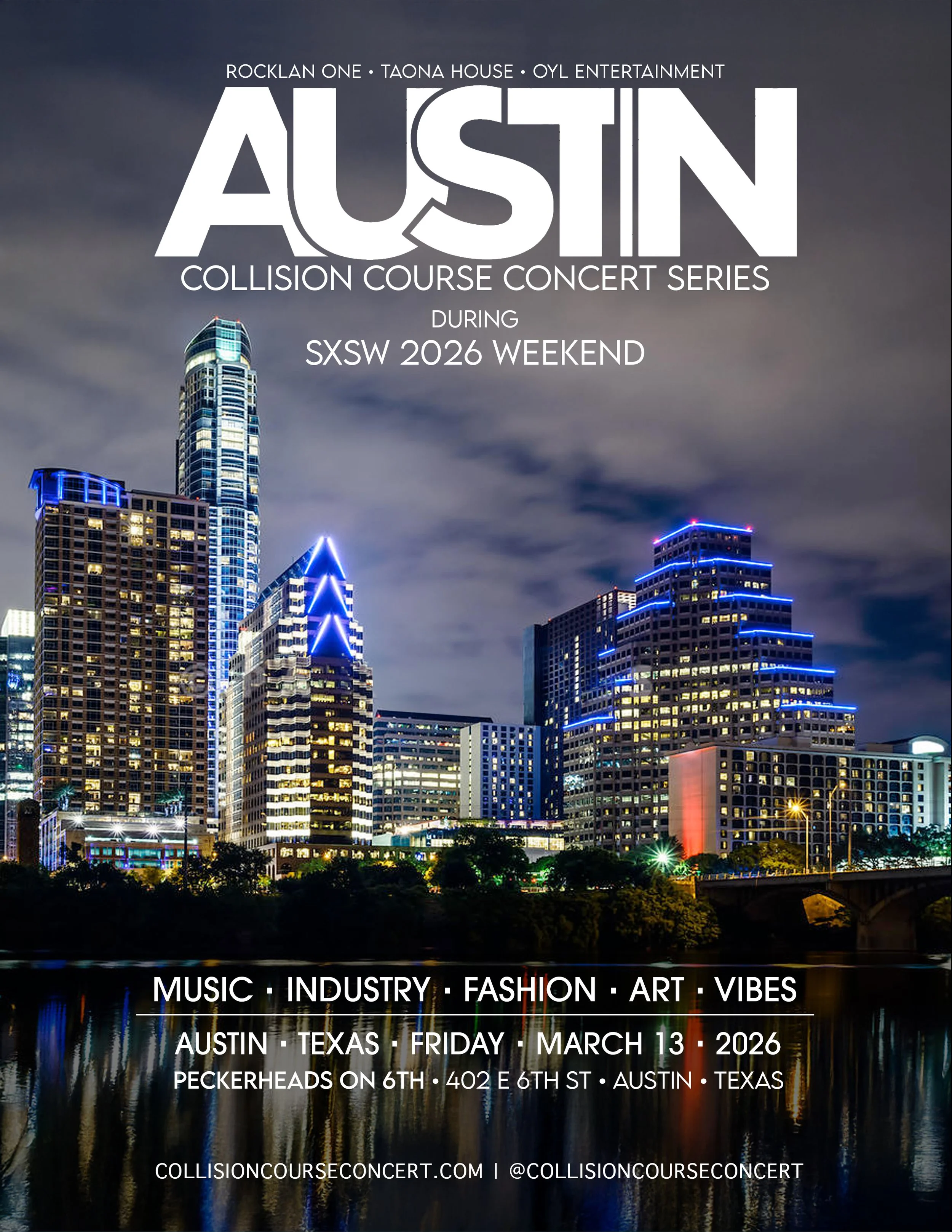 Nighttime cityscape of Austin, Texas, with tall buildings illuminated by colorful lights reflecting on the river in the foreground, used as promotional poster for SXSW 2026 concert series.