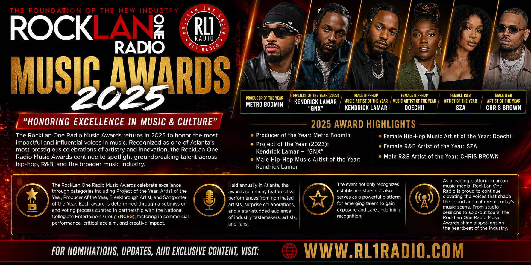 Posters and graphic design for the 2025 RockLan One Radio Music Awards, featuring images of six artists and award categories, with details about the event, highlights, and the website www.rl1radio.com.