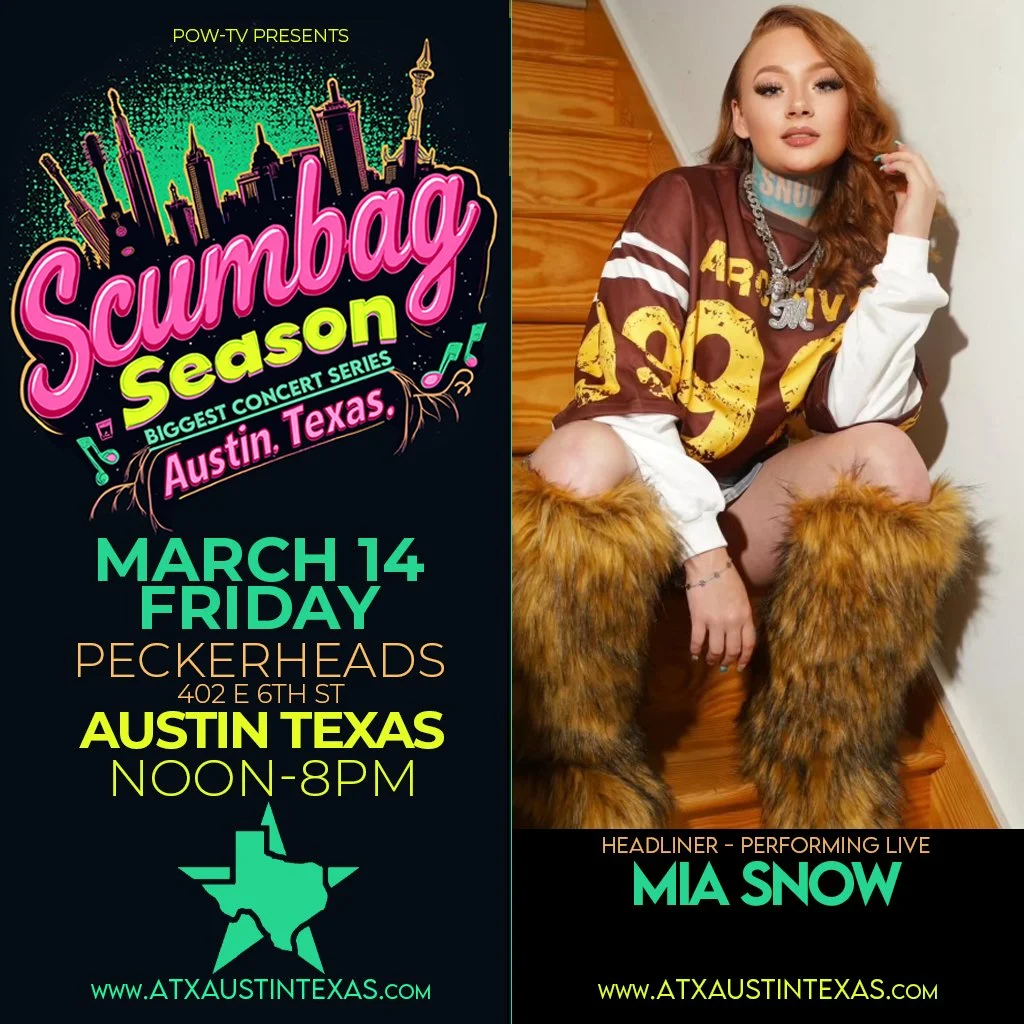 Event poster for a concert series in Austin, Texas featuring Mia Snow as the headliner, with a stylized cityscape, musical notes, and event details.