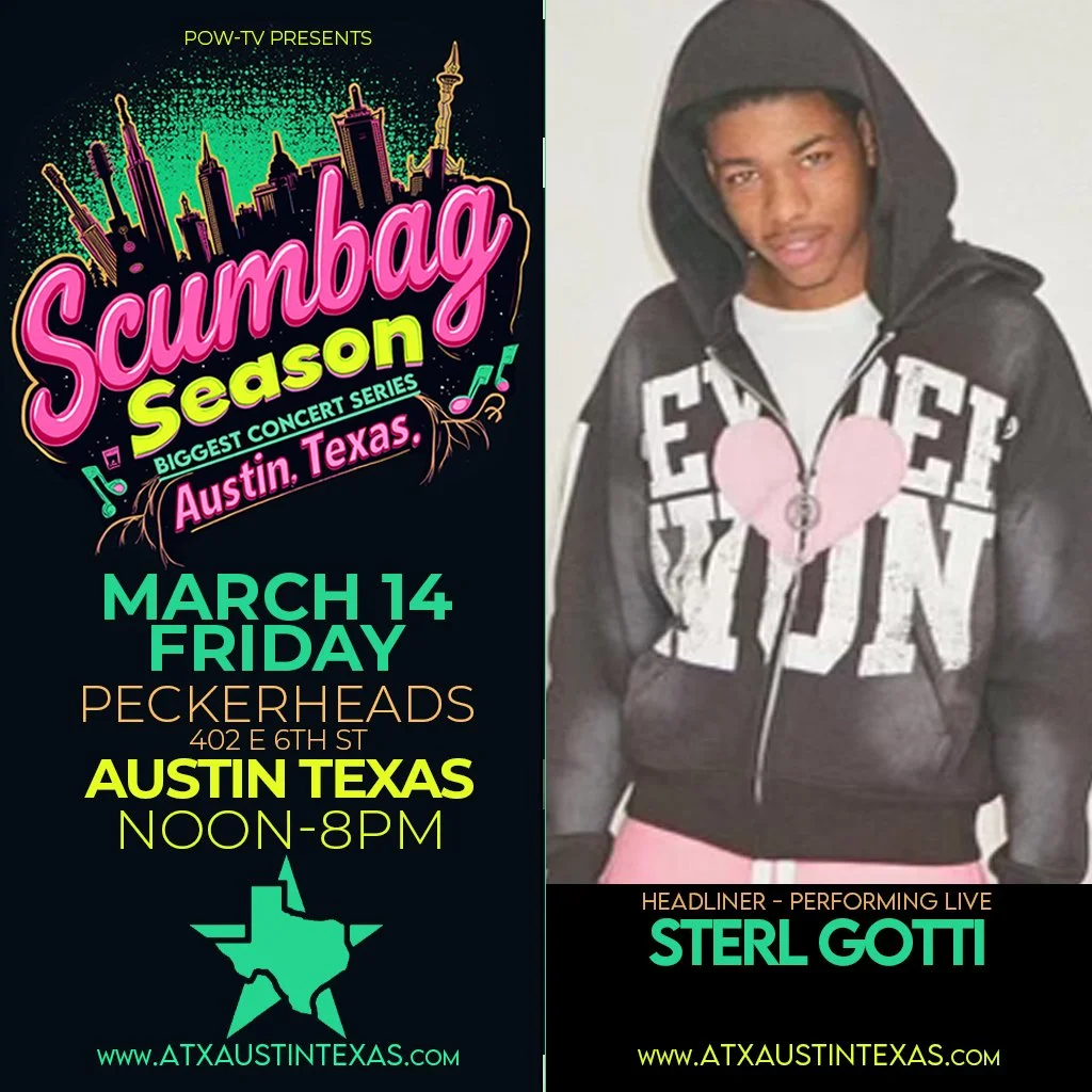 Event poster for Scumbag Season concert series in Austin, Texas on March 14, featuring headliner Sterl Gotti, with a city skyline graphic and event details