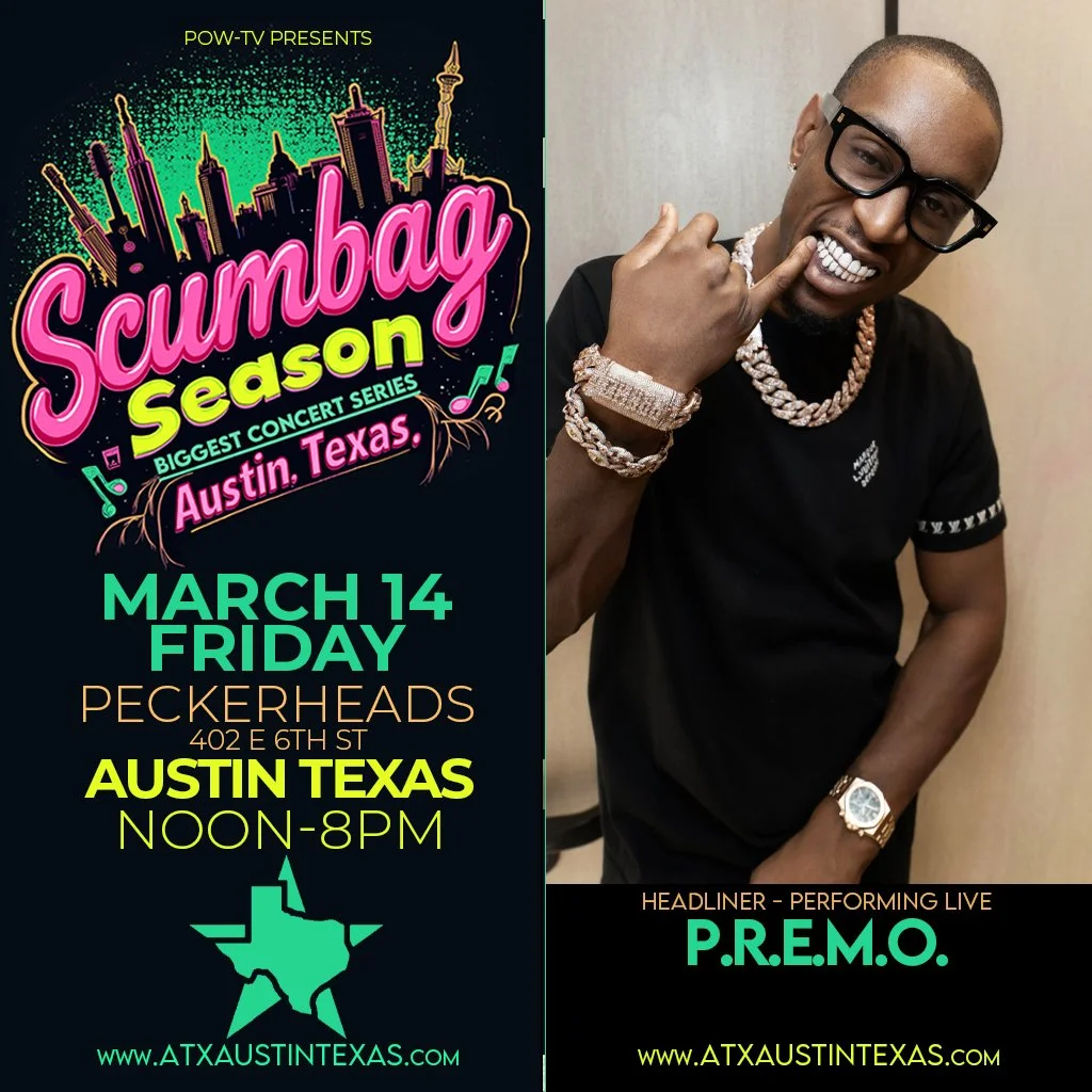 Event poster for Scumbag Season concert series in Austin, Texas on March 14, featuring performer P.R.E.M.O. with information about the location, time, and website.