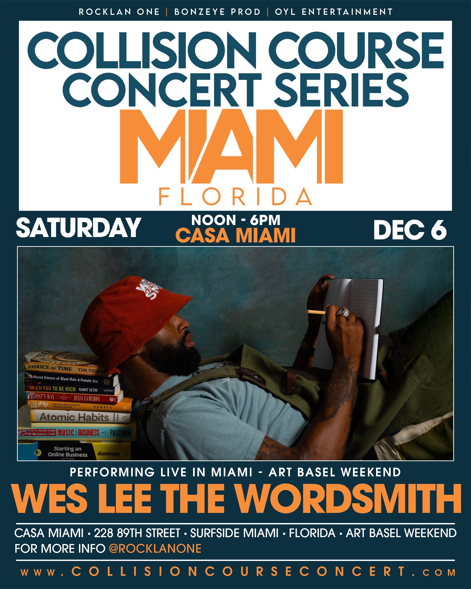 Event poster for the Collision Course Concert Series in Miami, Florida, featuring performer Wes Lee The Wordsmith, scheduled on Saturday, December 6, from noon to 6 PM at Casa Miami, 228 89th Street, Surfside Miami. The poster includes an image of a man with a beard, wearing a red hat, reading on a couch with books stacked behind him.
