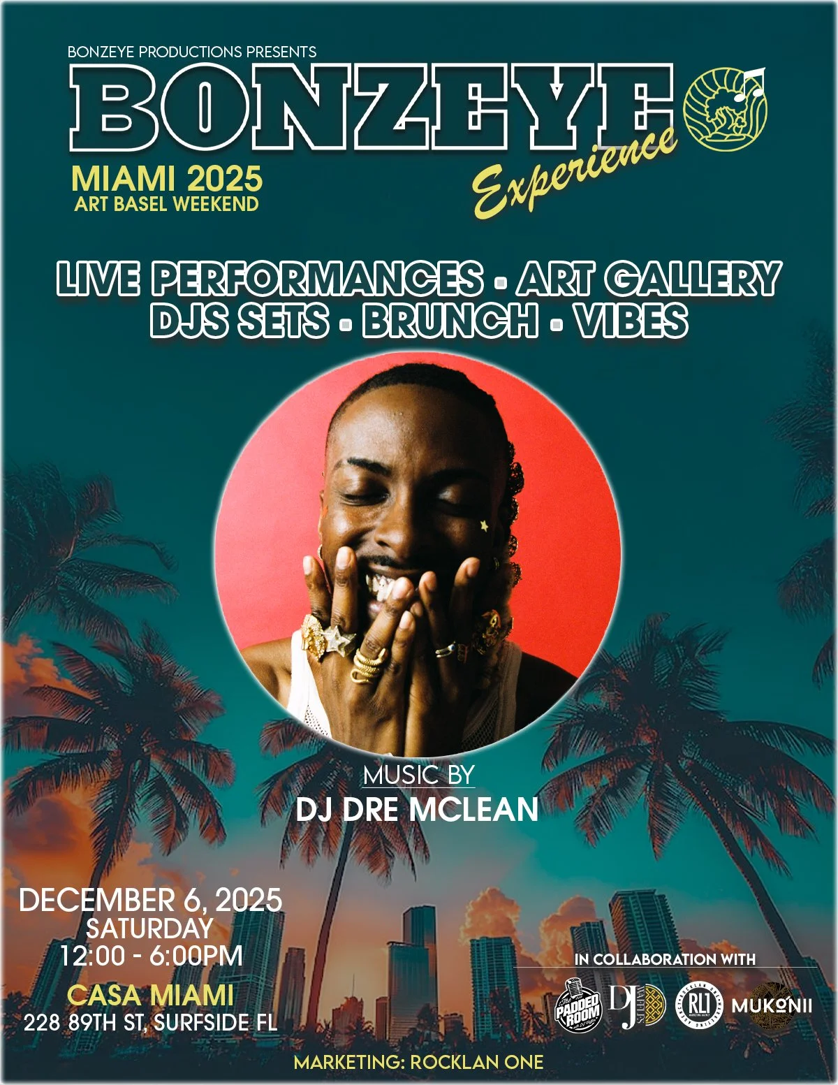 Event poster for Bonzeye Experience in Miami, 2025. Features a central image of a woman with jewelry and a bright smile, surrounded by sunset and cityscape background with palm trees. Details include live performances, art gallery, DJs, brunch, vibes, music by DJ Dre McLean. Date is December 6, 2025, Saturday from 12:00 to 6:00 PM at Casa Miami, 228 89th St, Surfside, FL.