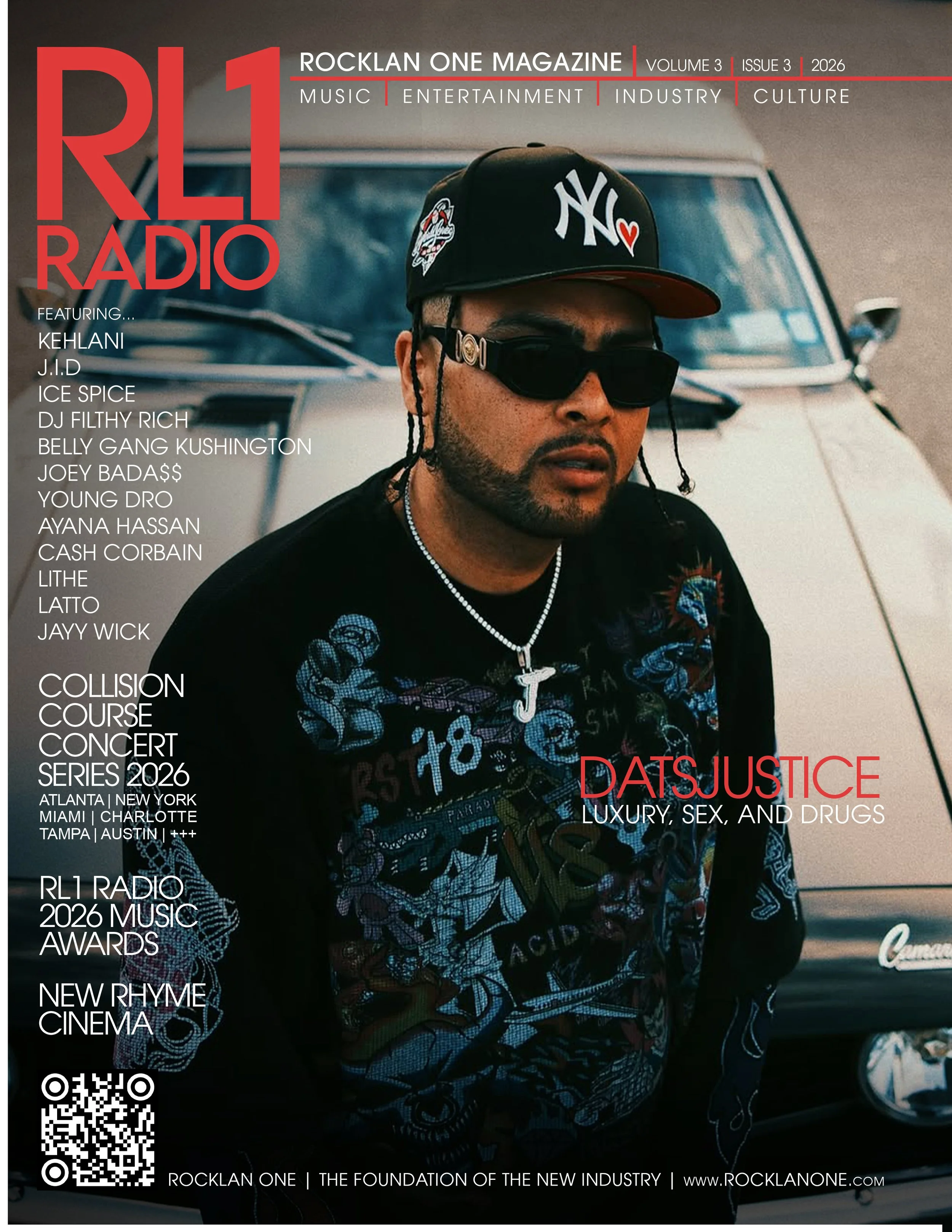 Magazine cover of Rocklan One Magazine featuring an artist wearing sunglasses, a black cap with white letters NY, and a black graphic shirt, standing in front of a vintage car.