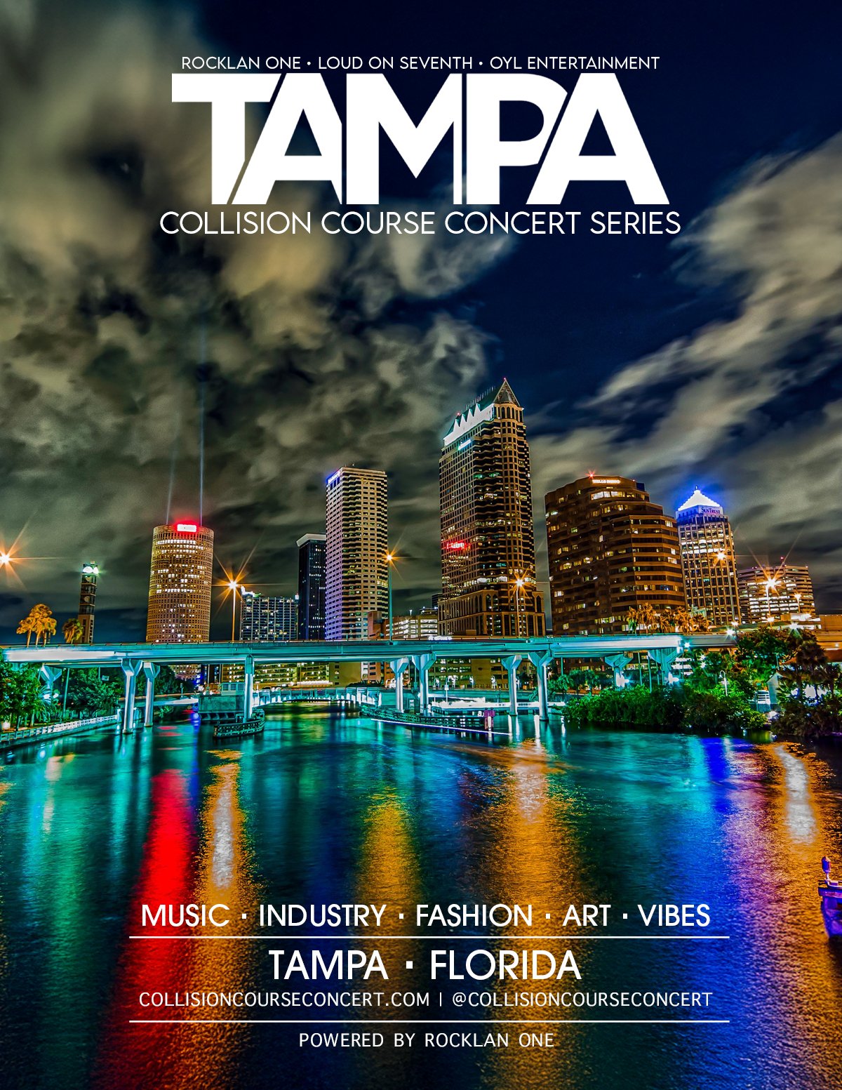 Nighttime city skyline of Tampa, Florida with illuminated skyscrapers reflected in the water, under a cloudy sky, advertising the Tampa Collision Course Concert Series.