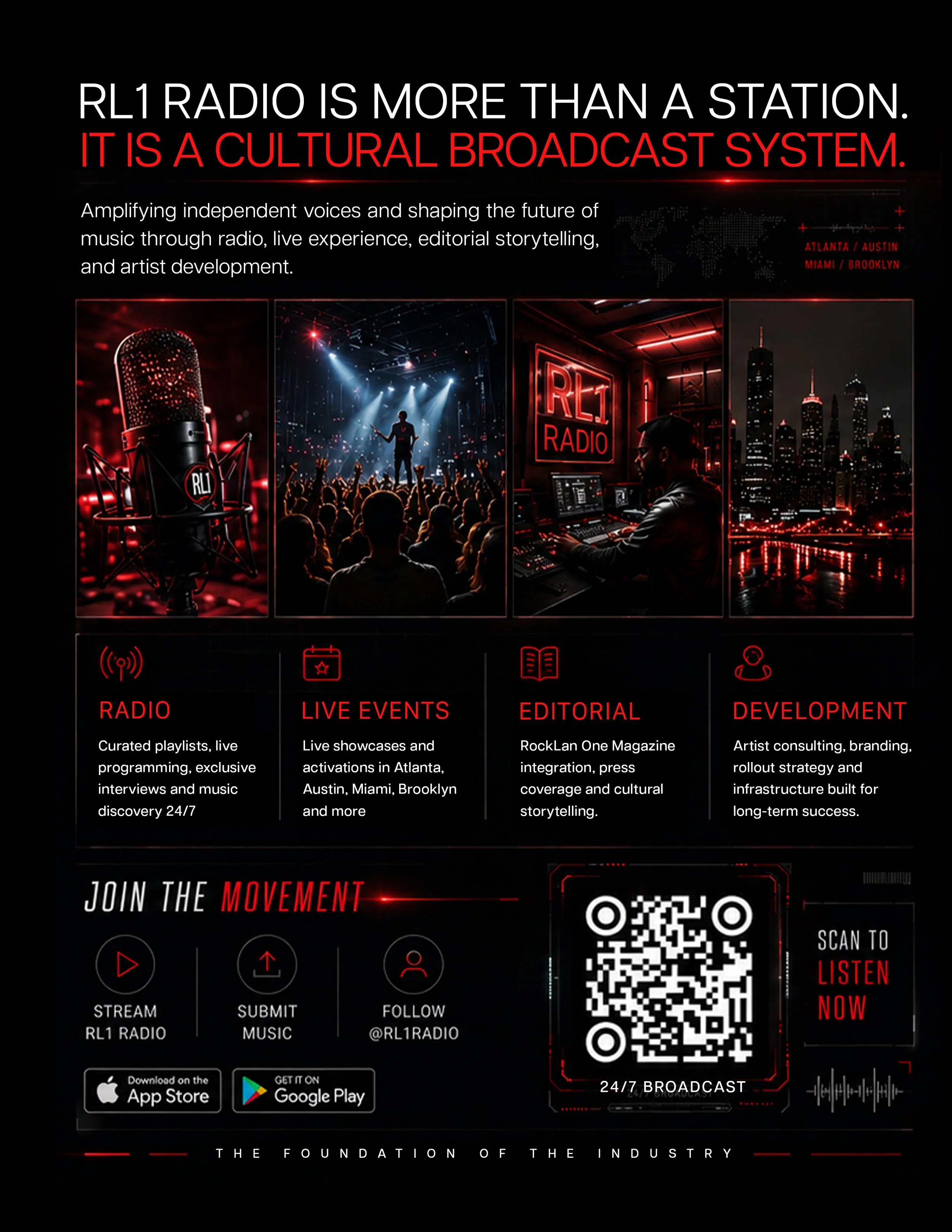 Dark promotional poster for RL1 Radio emphasizing its role as a cultural broadcast system. Features images of a microphone, a concert with performer and audience, a radio studio with a DJ, and a city skyline at night. Includes text about radio, live events, editorial content, and artist development, with QR code and app download links, and a call to join the movement.