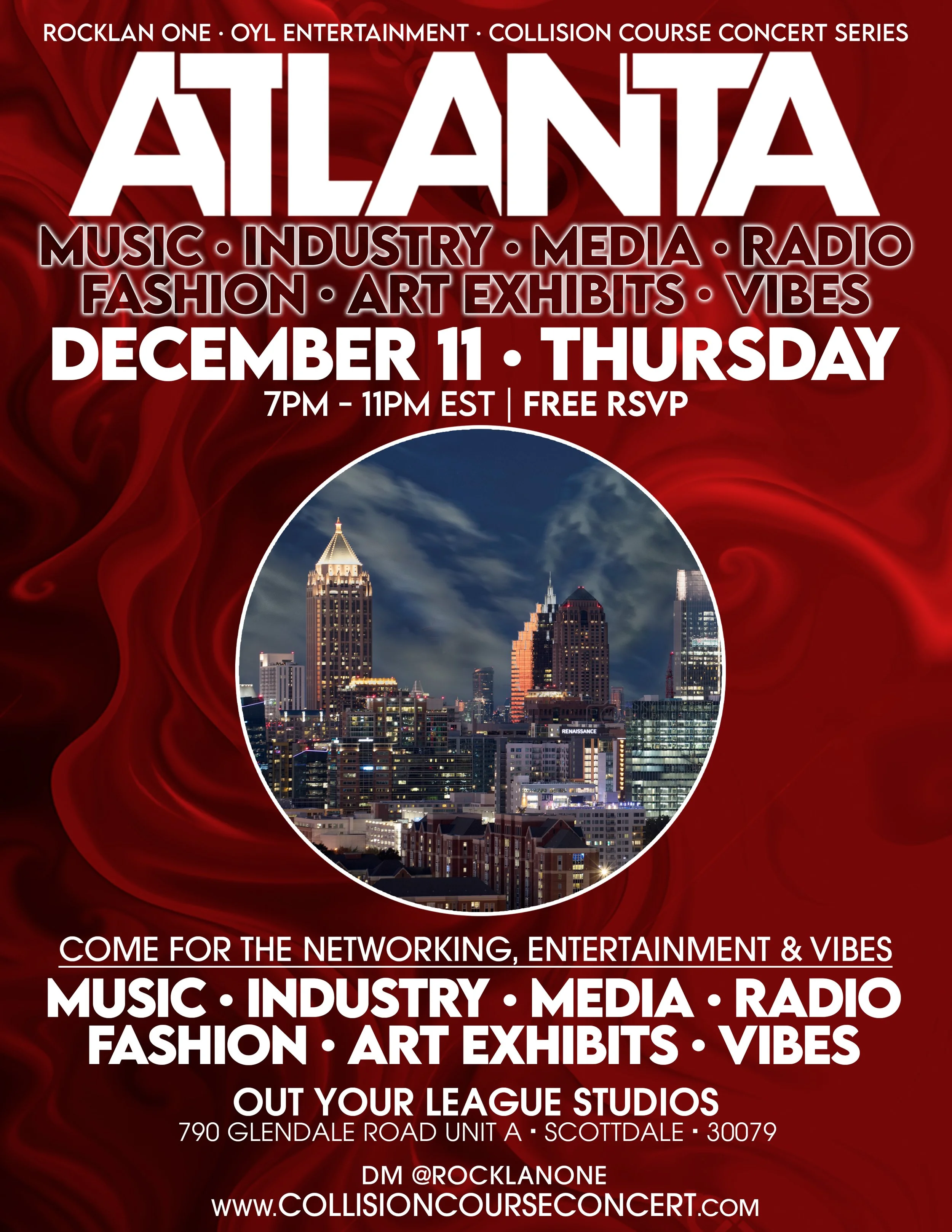 A promotional flyer for the Atlanta Collision Course Concert Series, featuring city skyline imagery in a circular frame and starry sky background with red design elements, event details, and a list of music, industry, media, radio, fashion, art exhibits, and vibes.