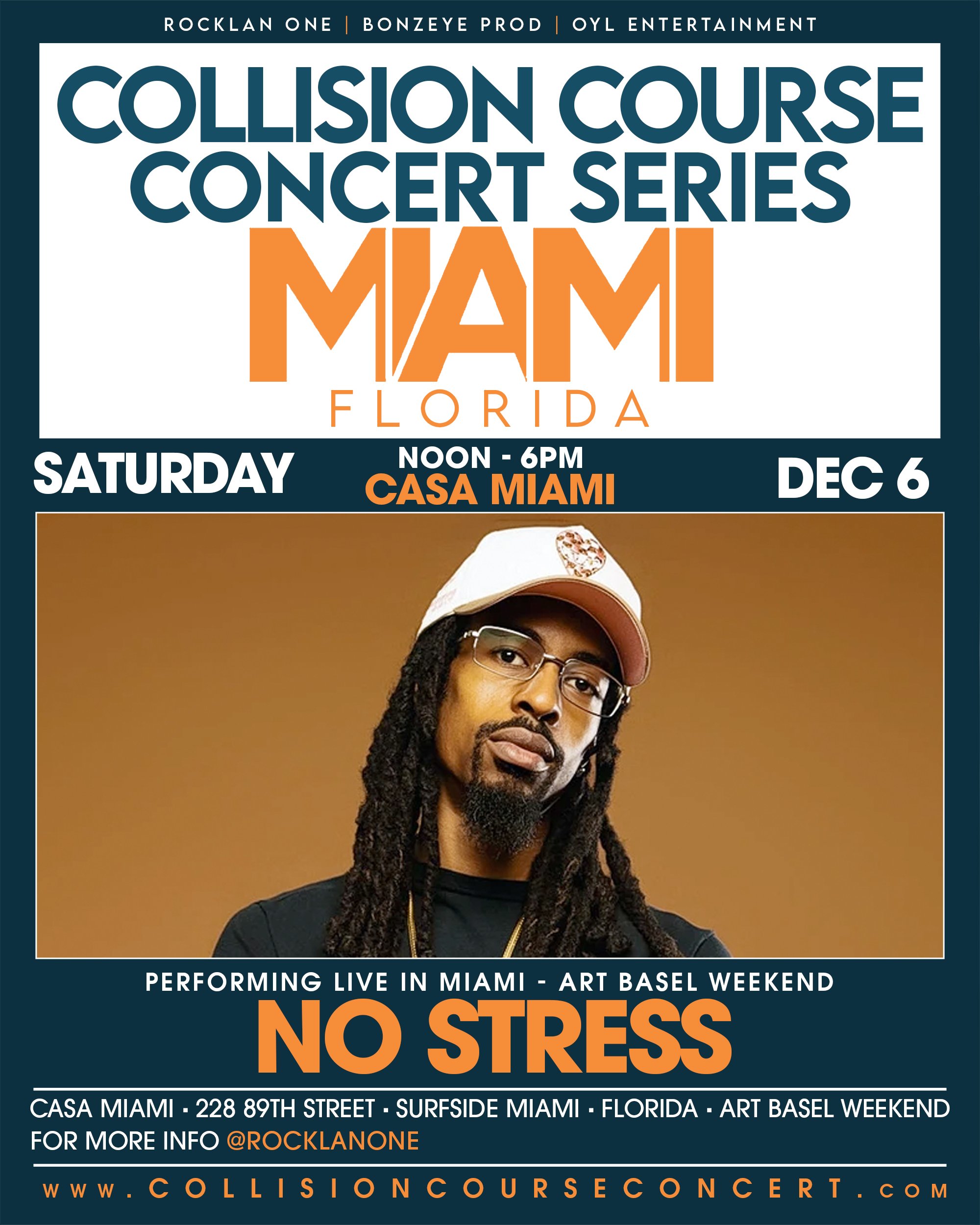 A promotional poster for a concert in Miami, Florida, featuring a male performer with glasses and dreadlocks, wearing a cap and black shirt. The poster includes event details such as date, time, location, and theme.