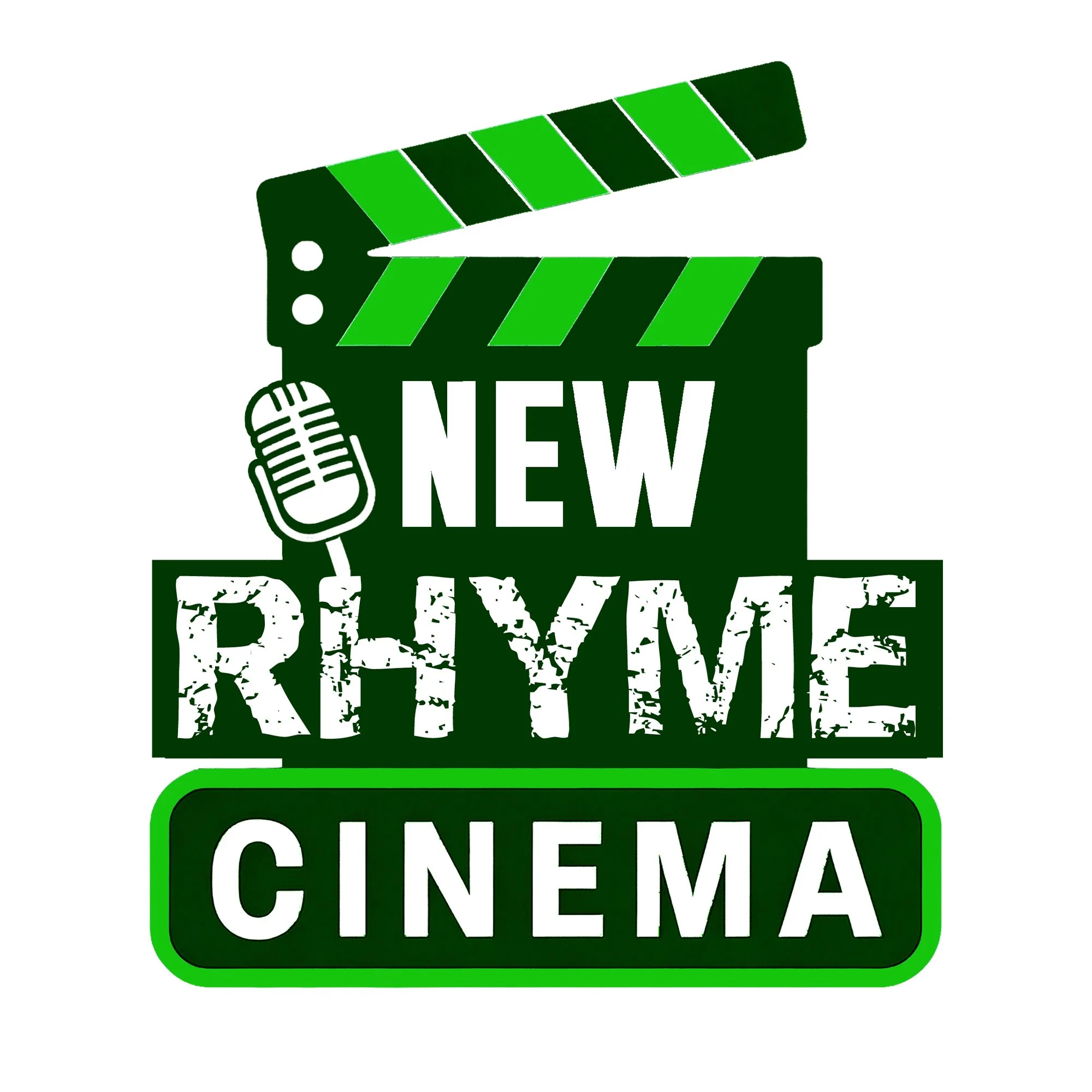 A logo with a green and white color scheme featuring a film clapperboard, a vintage microphone, and the text 'New Rhyme Cinema' in bold and distressed fonts.