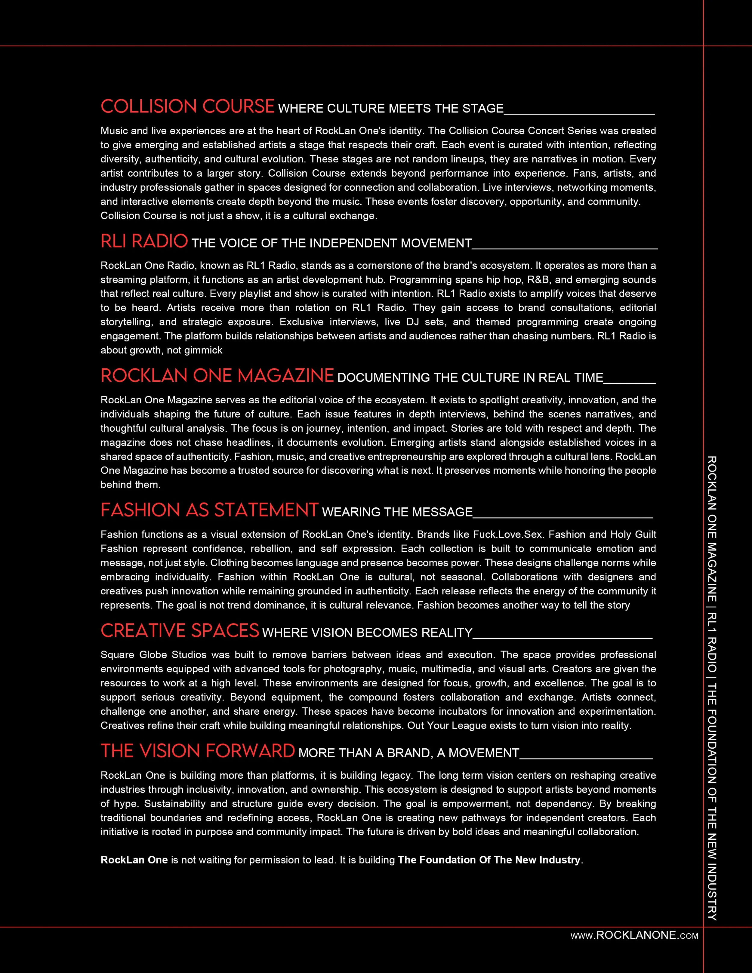 A promotional article for RockLand One magazine detailing their cultural initiatives. Sections include: "Collision Course," "RLI Radio," "RockLand One Magazine," "Fashion as Statement," "The Vision Forward," and a footer with the website URL www.ROCKLANONE.com.