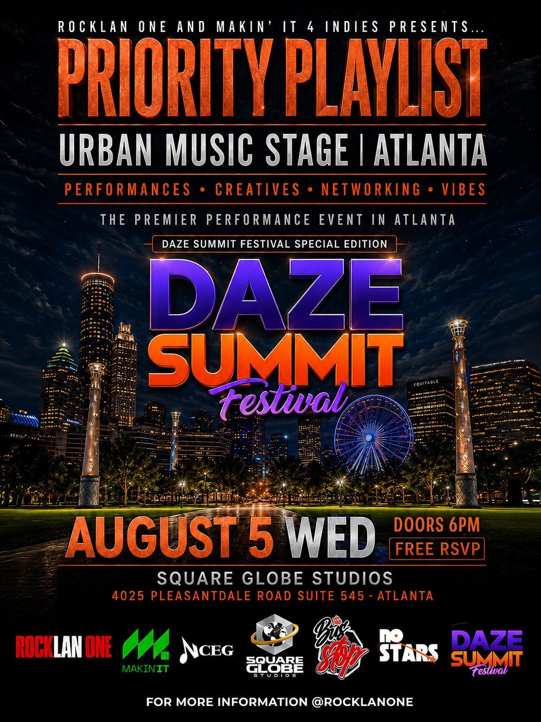 Nighttime cityscape of Atlanta, Georgia with illuminated skyscrapers, a Ferris wheel, and festive lights. Overlaid text promotes a performance event called 'Priority Playlist' at Square Globe Studios on August 5, Wednesday, from 7 PM to 11 PM with free RSVP, highlighting music, performances, creatives, networking, and vibes. Additional logos and social media handle '@rocklanon' are at the bottom.