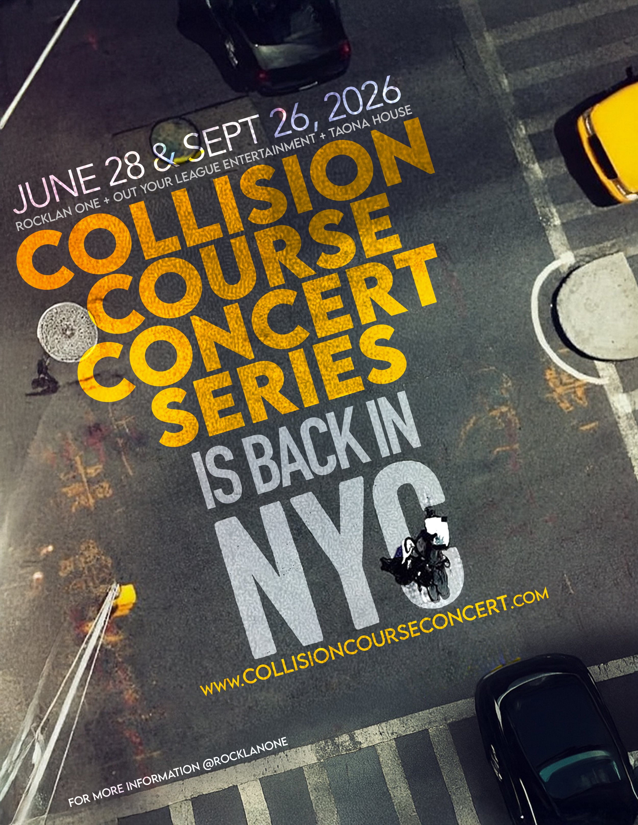 Poster for Brooklyn Collision Course Concert Series featuring skyline of Brooklyn with tall buildings and a map outline in the background.