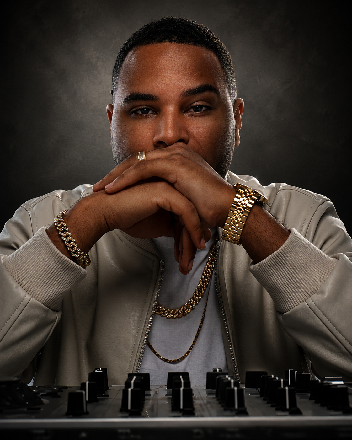 A man with short dark hair, wearing a beige jacket, gold watch, and gold chains, sits behind a DJ mixer with his hands clasped in front of his face, looking directly at the camera against a dark background.