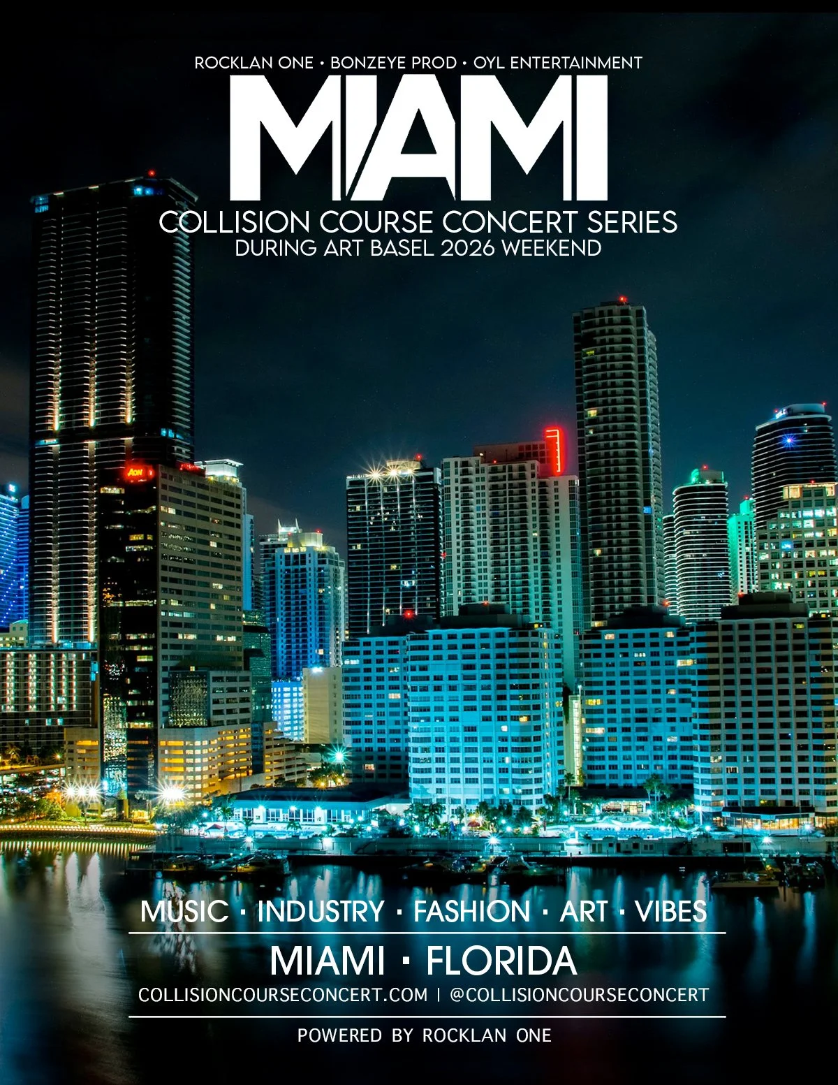 Nighttime view of Miami skyline with tall buildings illuminated, reflections on water, promoting Miami Collision Course Concert Series during Art Basel 2026 weekend.