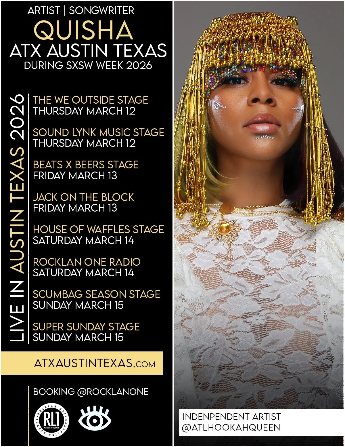 Event poster for 'Jack on the Block' featuring a city skyline at night with glowing buildings, scheduled for Saturday, March 14 to 26, in Austin, Texas, with sponsorship logos for Jack Daniel's, Texas Bred, and 90 One, and website www.ATXAUSTINTEXAS.com.