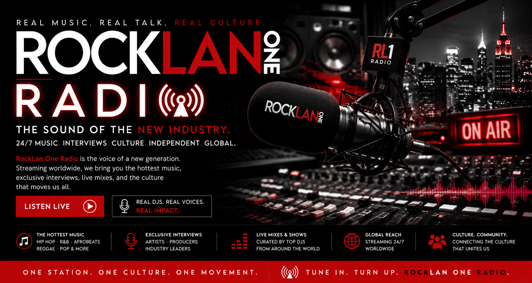 Promotional graphic for RockLan One Radio featuring a microphone with a city skyline background, a neon 'ON AIR' sign, and text highlighting the radio station's focus on music, culture, and live shows.