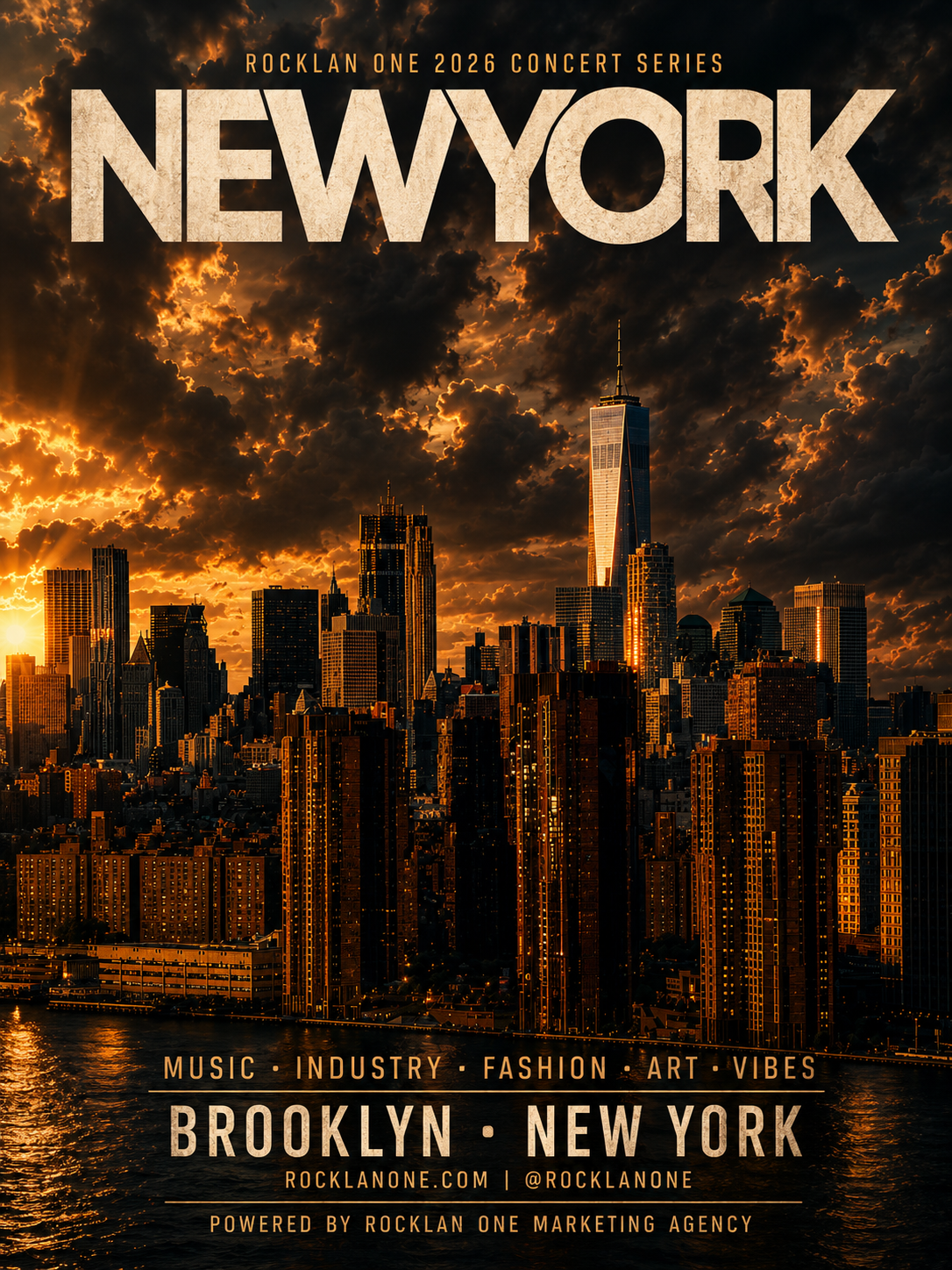 featuring the New York City skyline at sunset, with the One World Trade Center prominently visible. The poster includes text about the event, mentioning music, industry, fashion, art, and vibes, taking place in Brooklyn, New York, organized by Rocklan One, Taona House, and OYL Entertainment.
