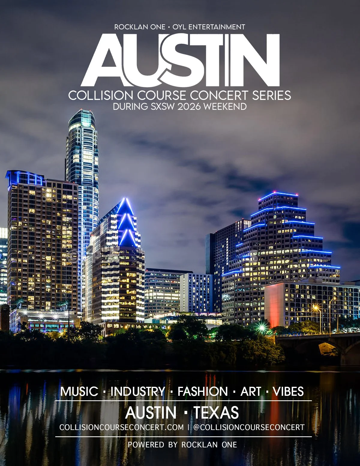 Nighttime cityscape of Austin, Texas, with illuminated skyscrapers reflecting in the water, advertising a concert series during SXSW 2026 weekend with details about music, industry, fashion, art, and vibes