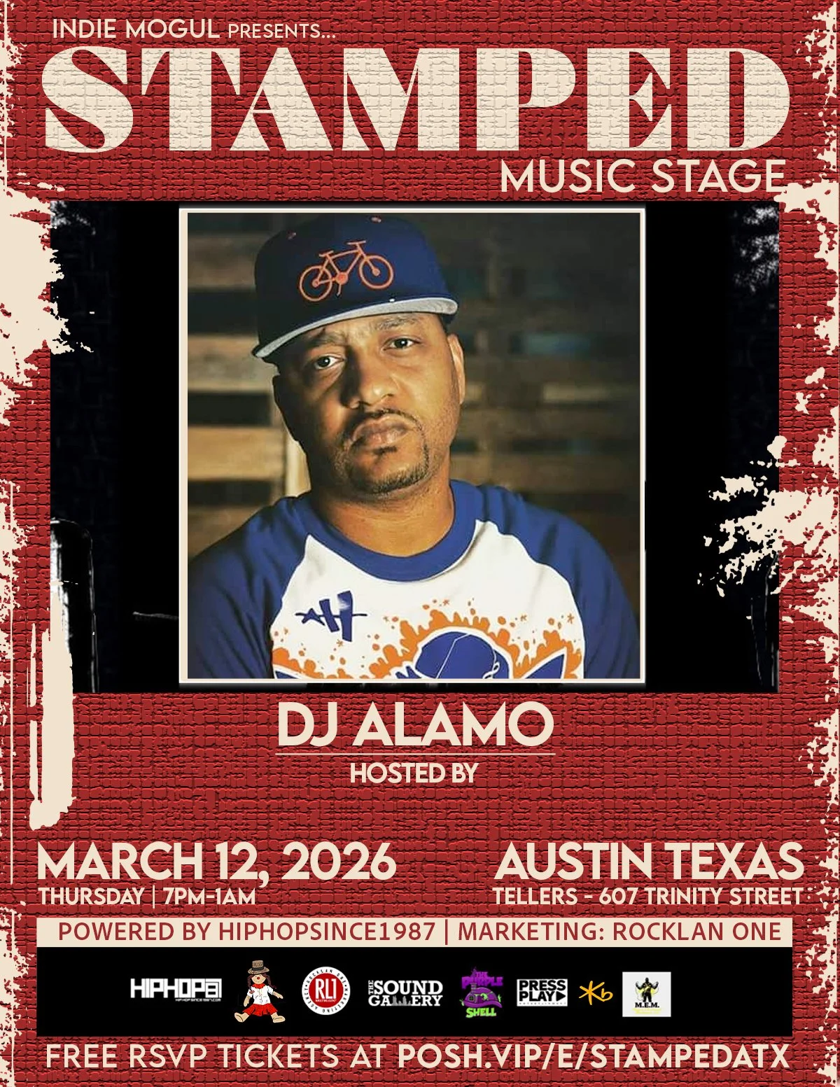 Event poster for RockLAN ONE, a music event featuring Clay James & Friends, scheduled for March 12, 2026, at 7 PM in Austin, Texas. The poster includes a close-up photo of a man wearing a black ROCKLIN hat, with bold red, white, and black text providing event details.