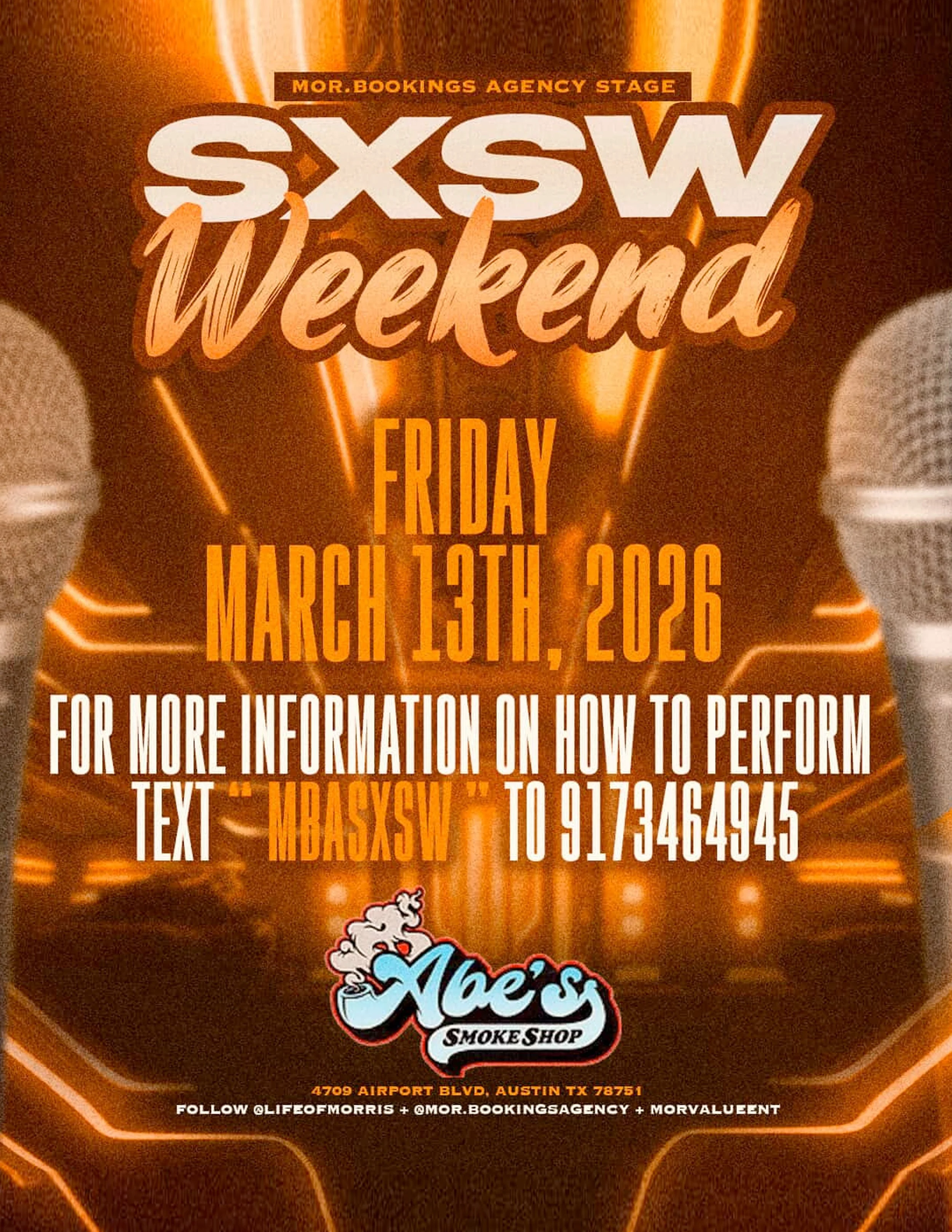 Event poster for SXSW Weekend at Moe's Smoke Shop, happening on Friday, March 13th, 2026. Contains the Moe's Smoke Shop logo, two microphones, and event details including a text code for more information, at 4709 Airport Blvd, Austin, TX.