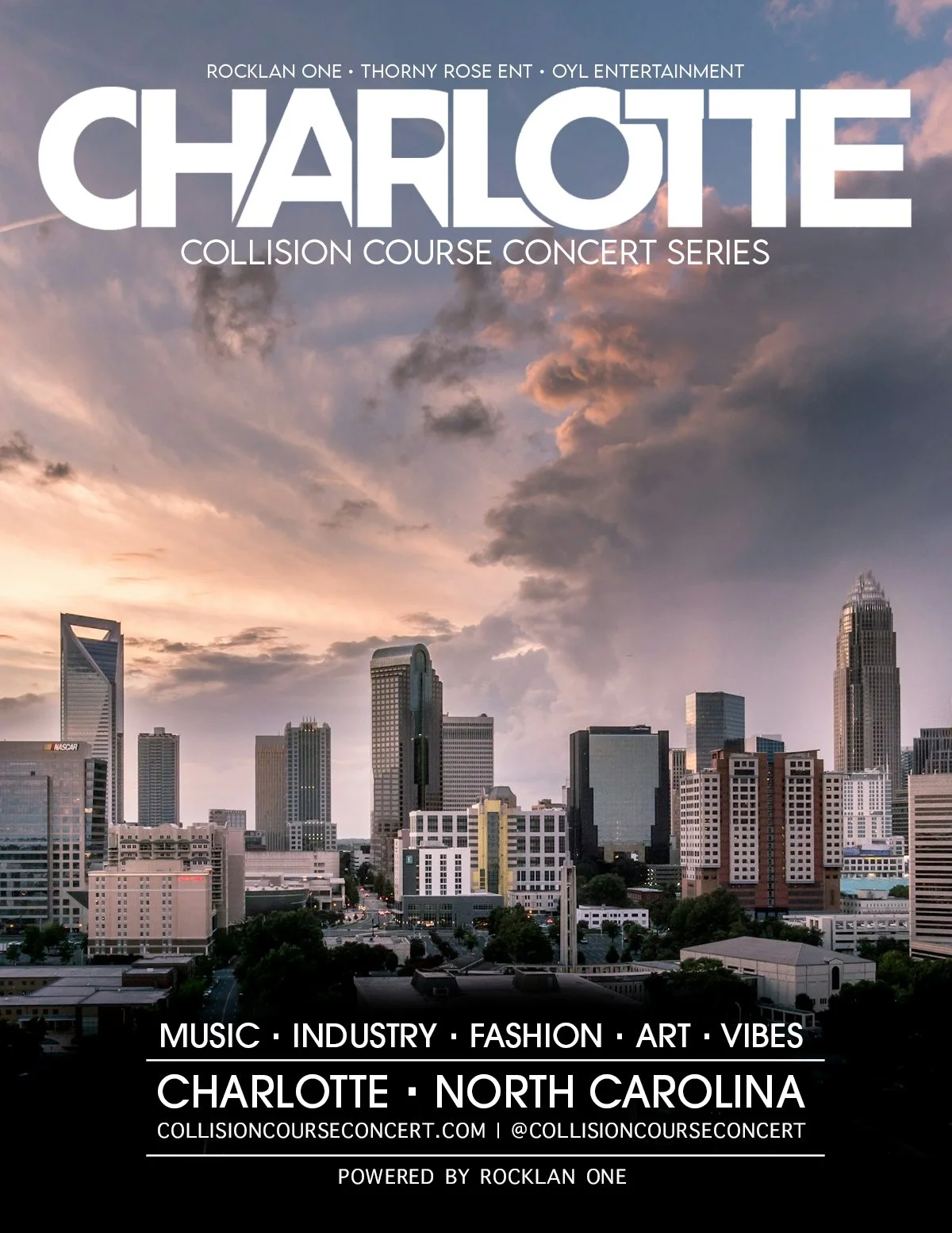Promotional poster for a Charlotte, North Carolina concert series featuring music, industry, fashion, art, and vibes. The poster showcases a city skyline at sunset with clouds. Text includes event details and website.