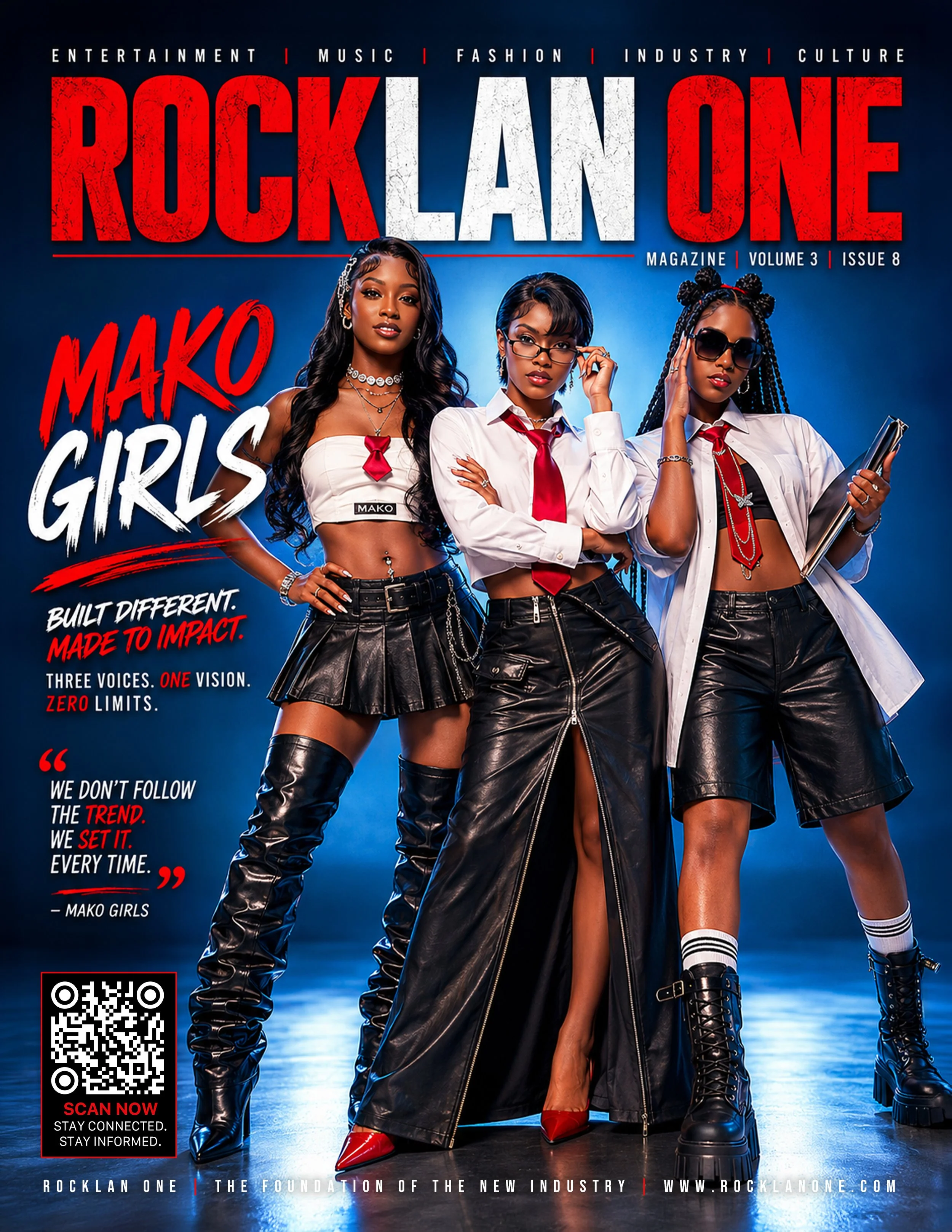 Magazine cover titled "Rock Lan One," featuring three women dressed in based on school uniforms with a modern, edgy style, standing against a blue-lit background. The cover highlights themes of entertainment, music, fashion, industry, and culture.